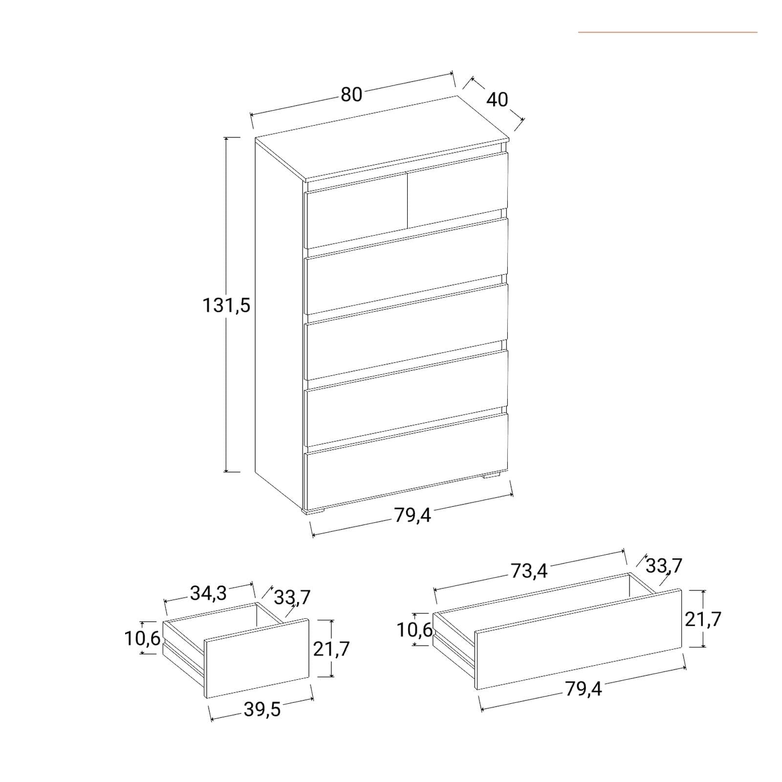 Cassettiera 80x132h cm in legno bianco lucido con 6 cassetti - Jules