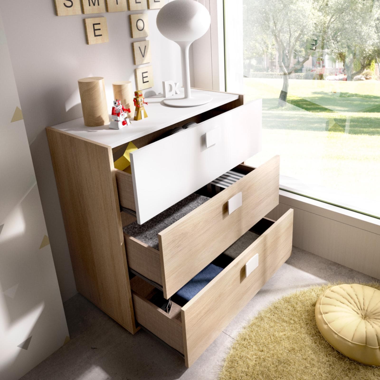 Cassettiera 81x81 h cm in legno bianco e naturale con tre cassetti - Dinasty