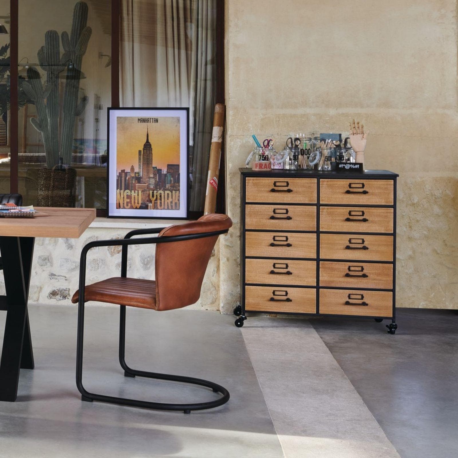 Cassettiera 82x87h cm in metallo nero con 10 cassetti in legno naturale - Manon