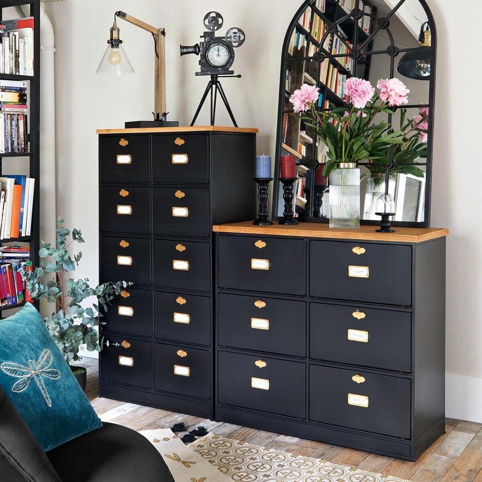 Cassettiera 85x82h cm in acciaio nero e legno con 6 vani - Ivanka