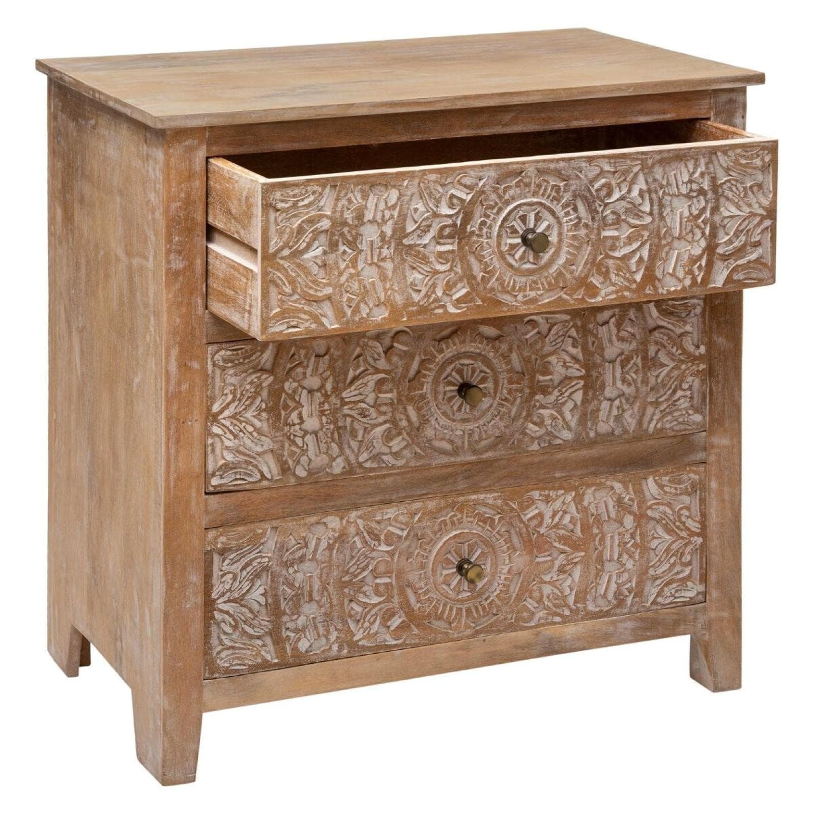 Cassettiera 85x85h cm in legno di mango con 3 cassetti intagliati a mano - Sintra