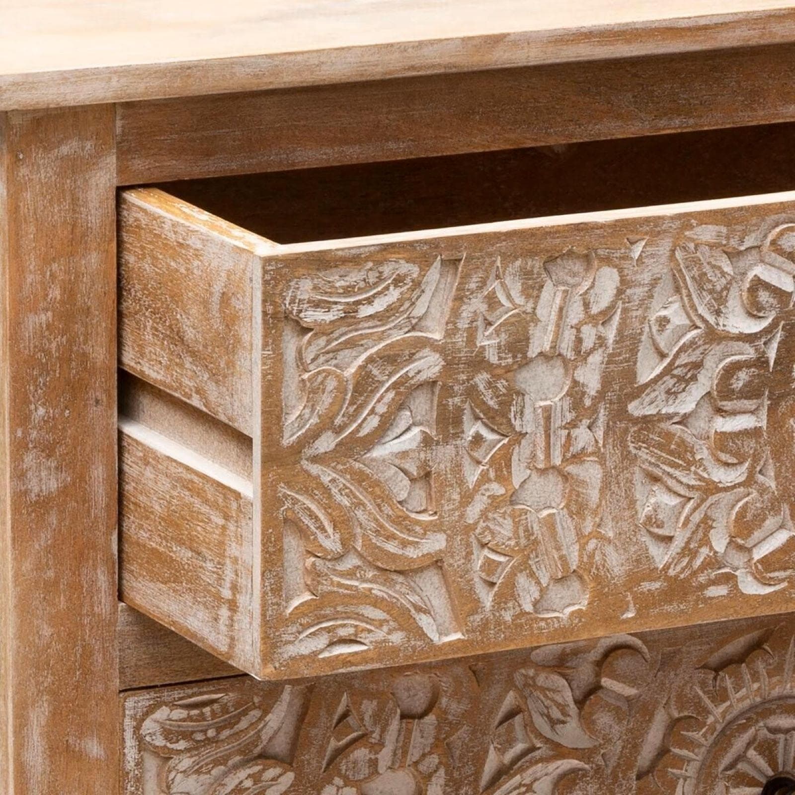 Cassettiera 85x85h cm in legno di mango con 3 cassetti intagliati a mano - Sintra