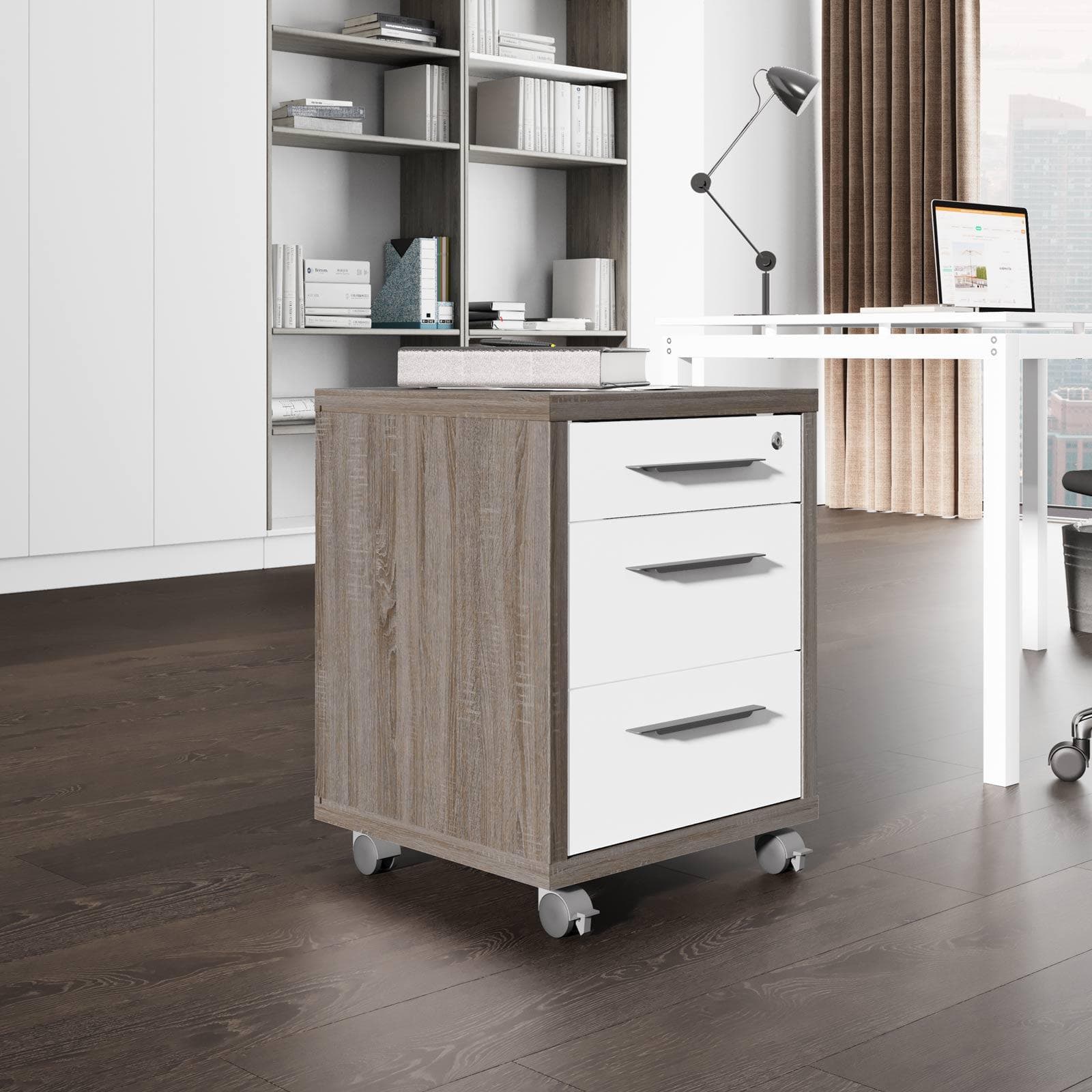 Cassettiera con 3 cassetti finitura rovere tartufo e bianco lucido - Homely office