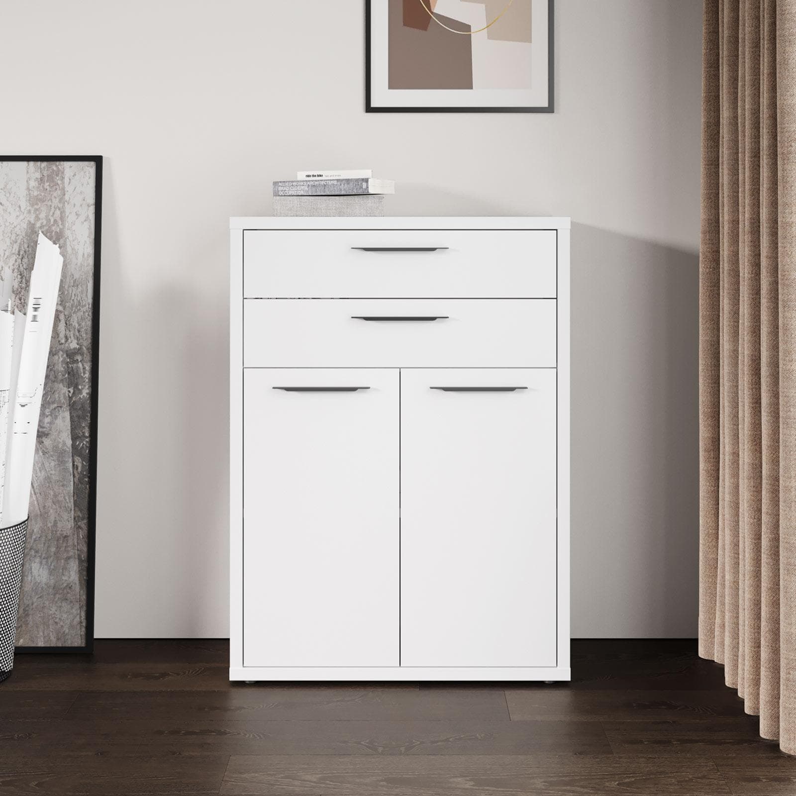 Mobile multiuso 80x112h cm bianco lucido con 2 ante e 2 cassetti - Homely office