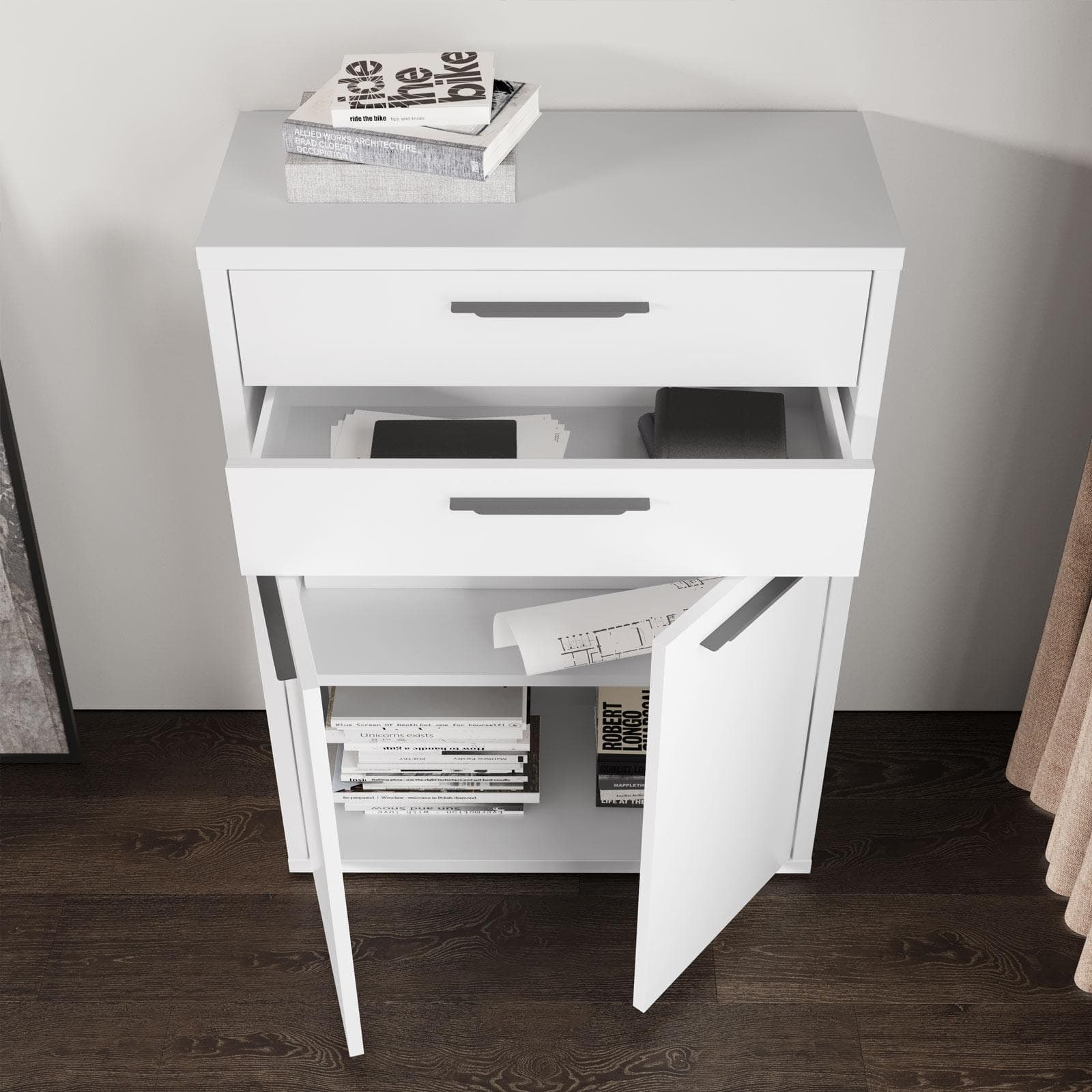 Mobile multiuso 80x112h cm bianco lucido con 2 ante e 2 cassetti - Homely office