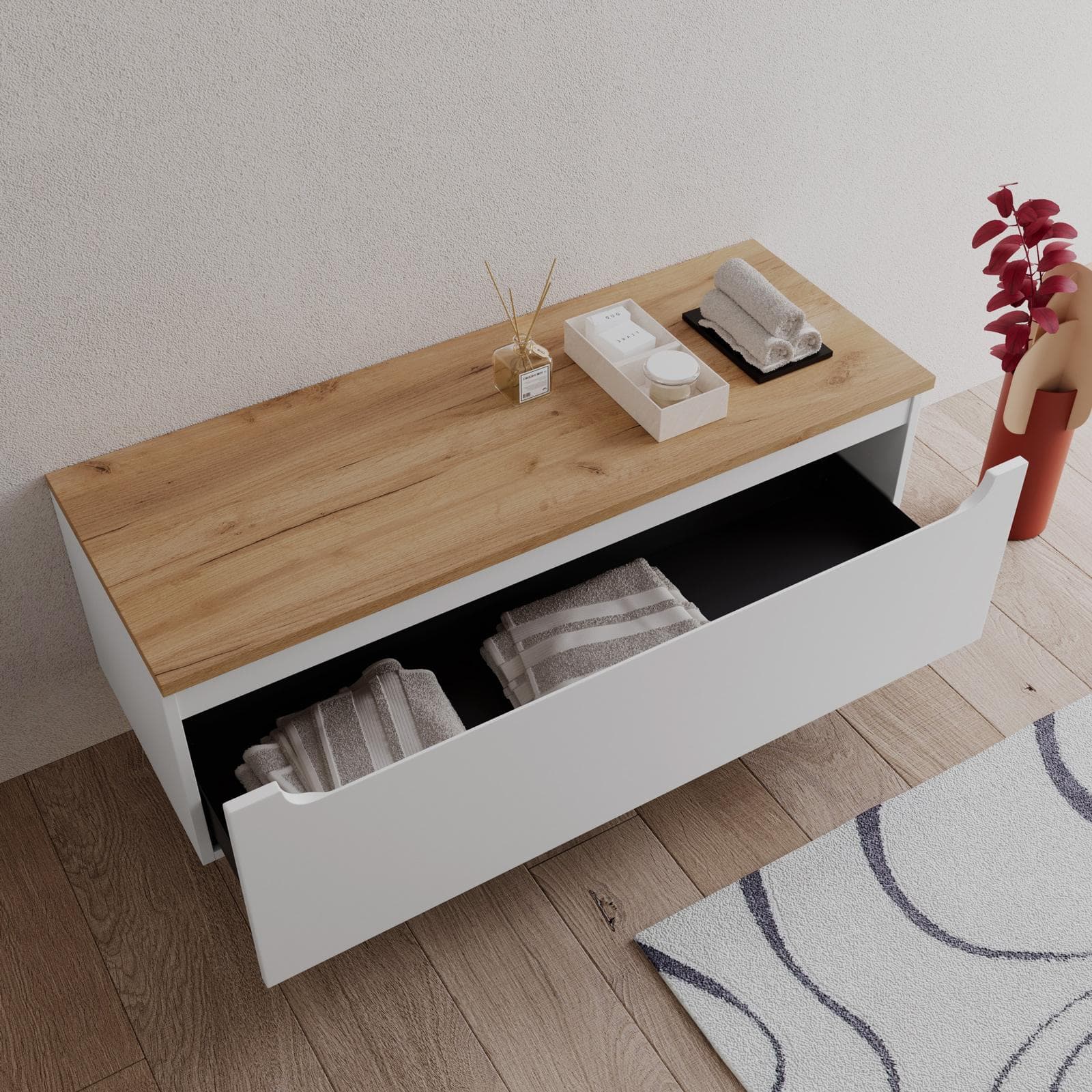 Cassettone bagno sospeso 120 cm bianco opaco con top rovere gold - Sleek