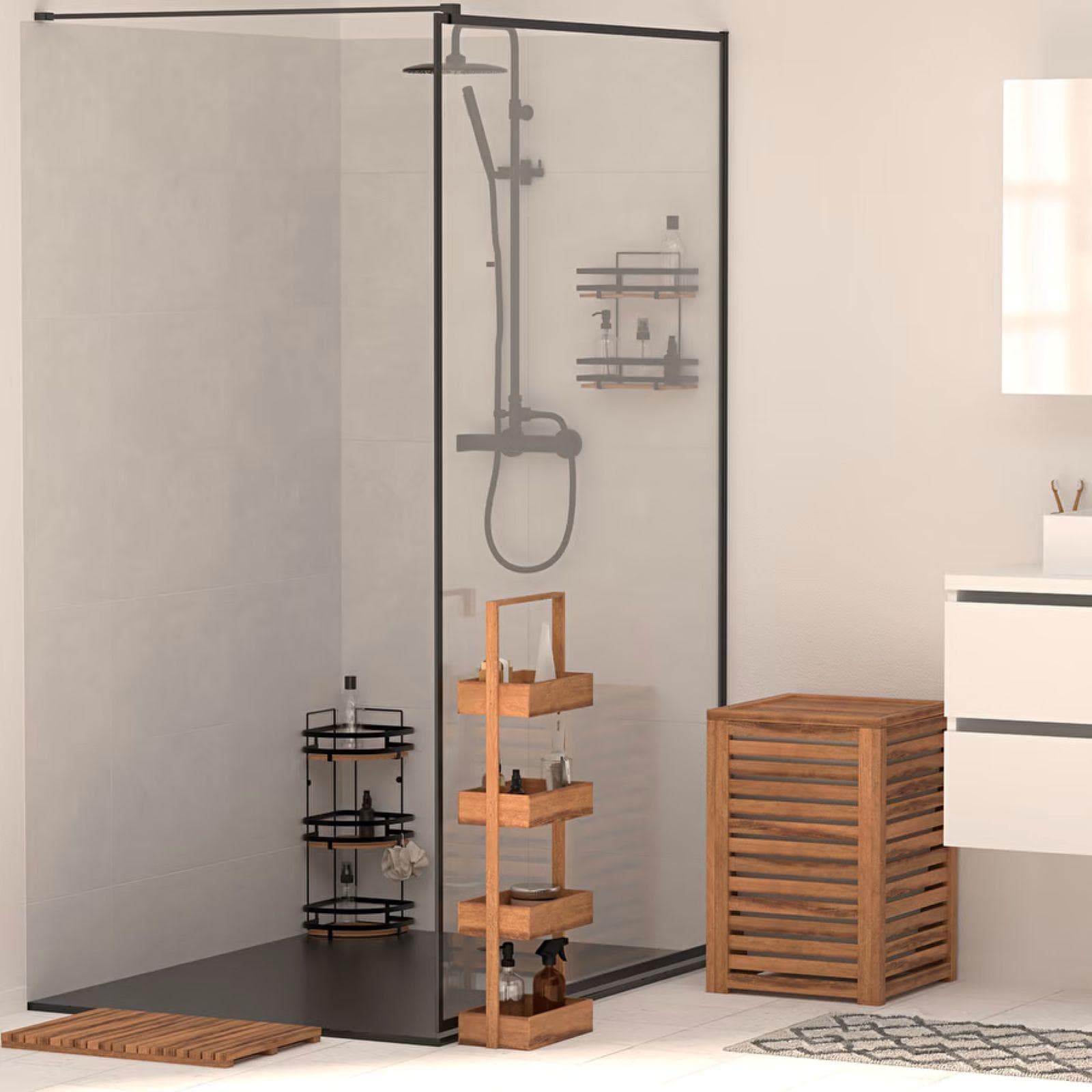 Cesto portabiancheria 65 L in legno di acacia naturale e cotone