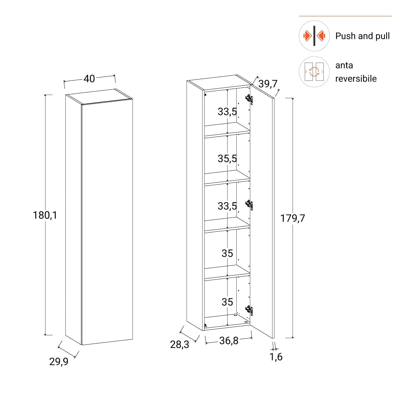 Colonna 40x180h sospesa e a terra con 1 anta tortora opaco - Kayros