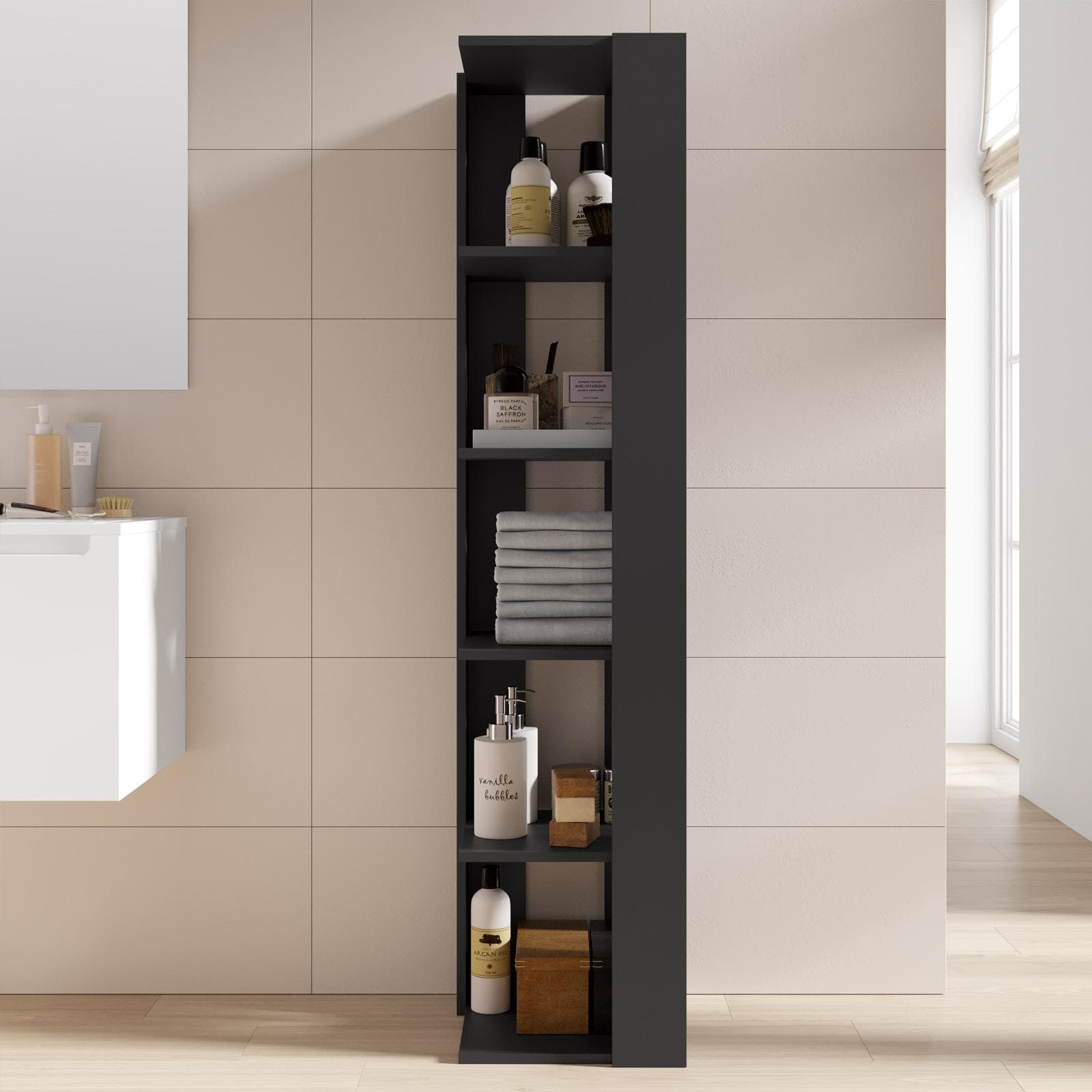 Colonna bagno ad angolo 34x161h cm in legno antracite 5 ripiani - Kantiko