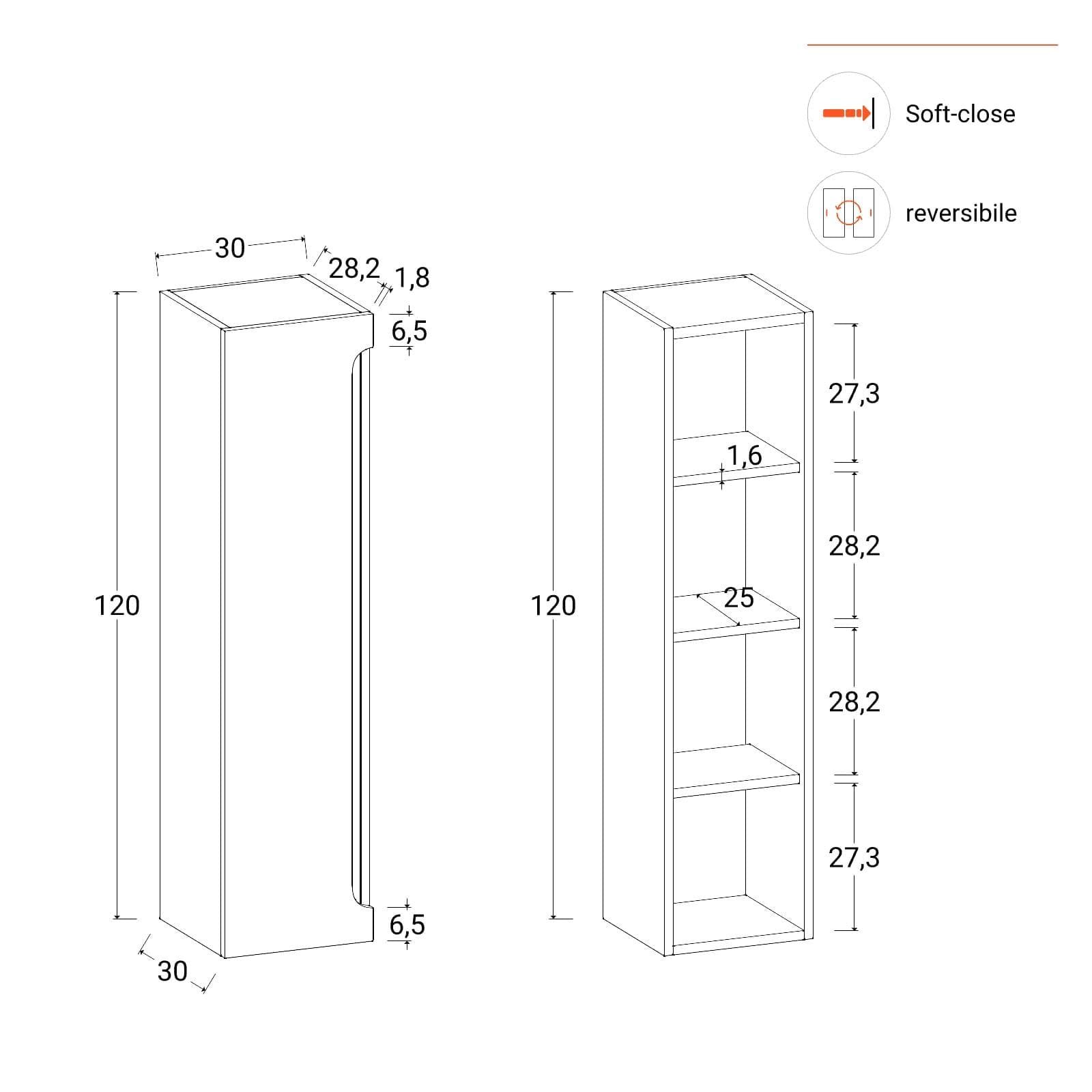 Colonna bagno sospesa 30x120 h cm con anta reversibile verde cemento - Sleek