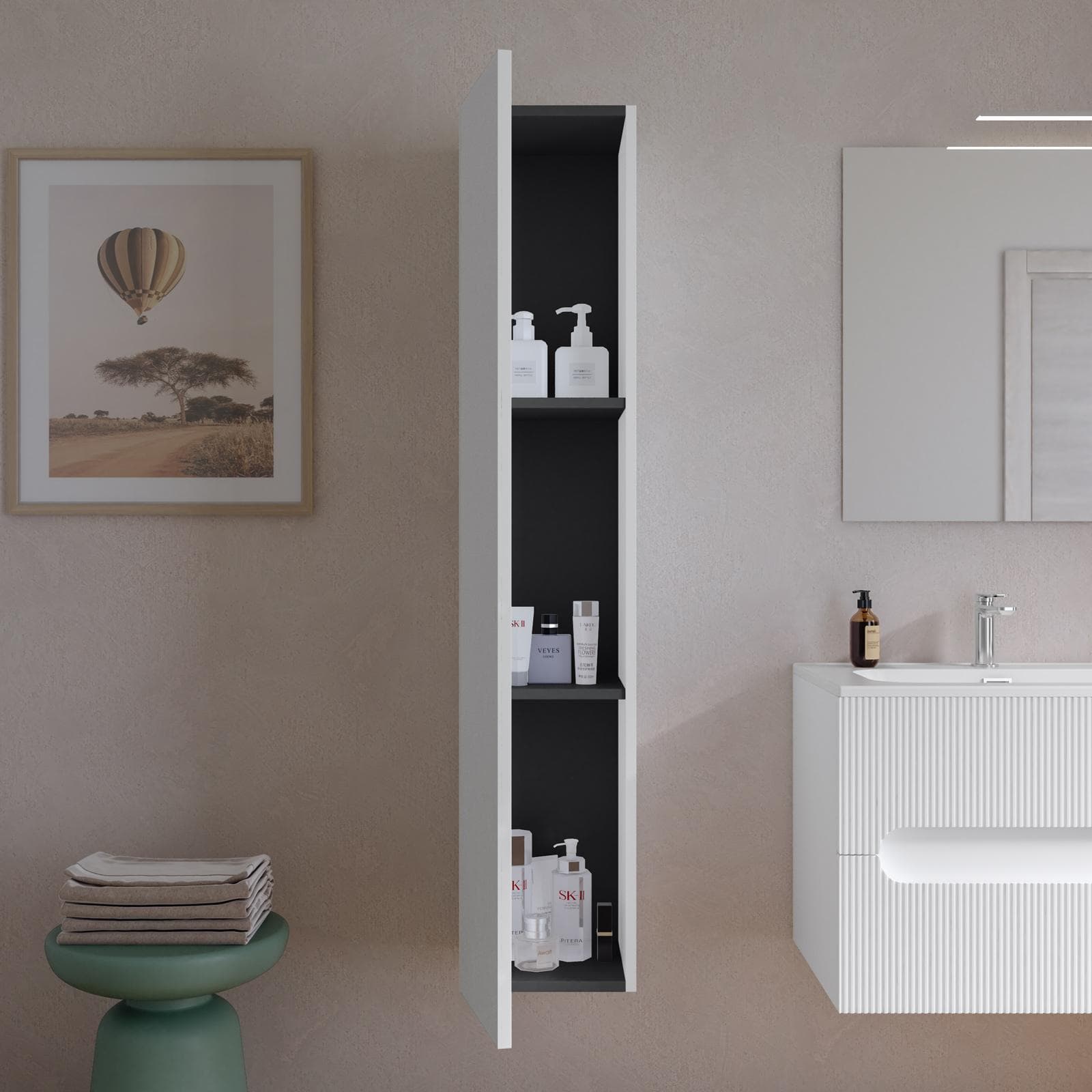 Colonna bagno sospesa 30x150 h cm cannettato con anta reversibile bianco opaco - Tayga
