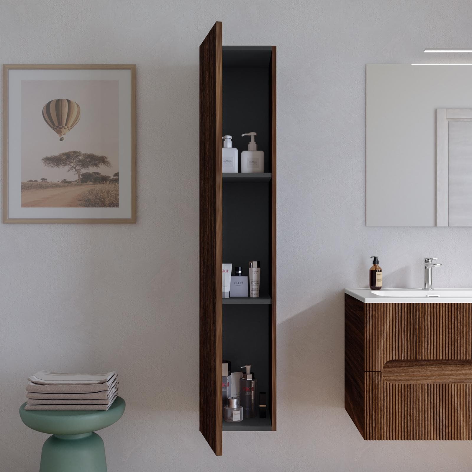 Colonna bagno sospesa 30x150 h cm cannettato con anta reversibile rovere deciso - Tayga