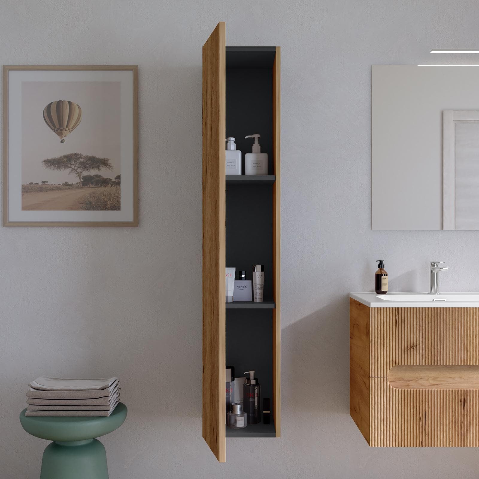 Colonna bagno sospesa 30x150 h cm cannettato con anta reversibile rovere gold - Tayga
