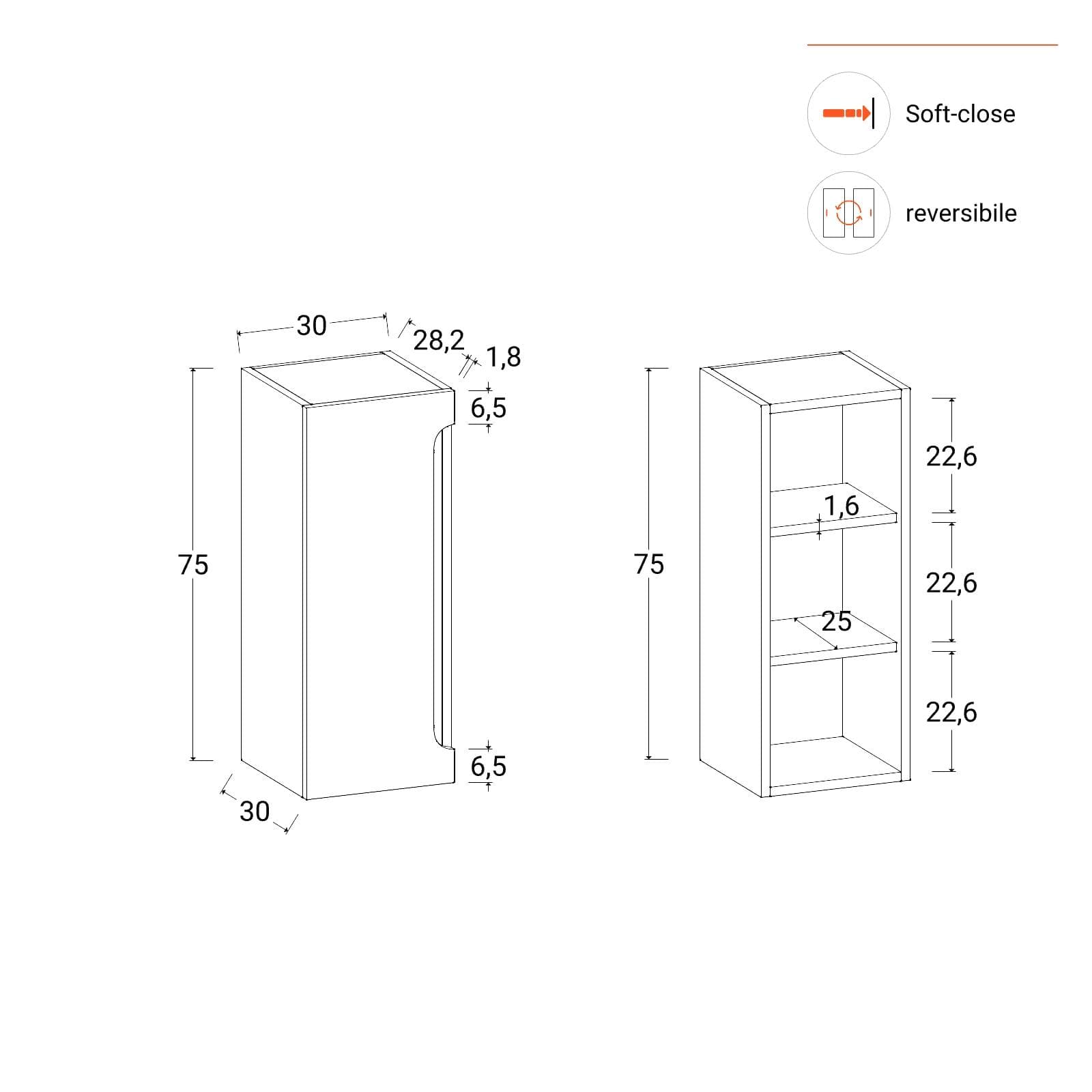 Colonna bagno sospesa 30x75 h cm con anta reversibile rovere deciso - Sleek