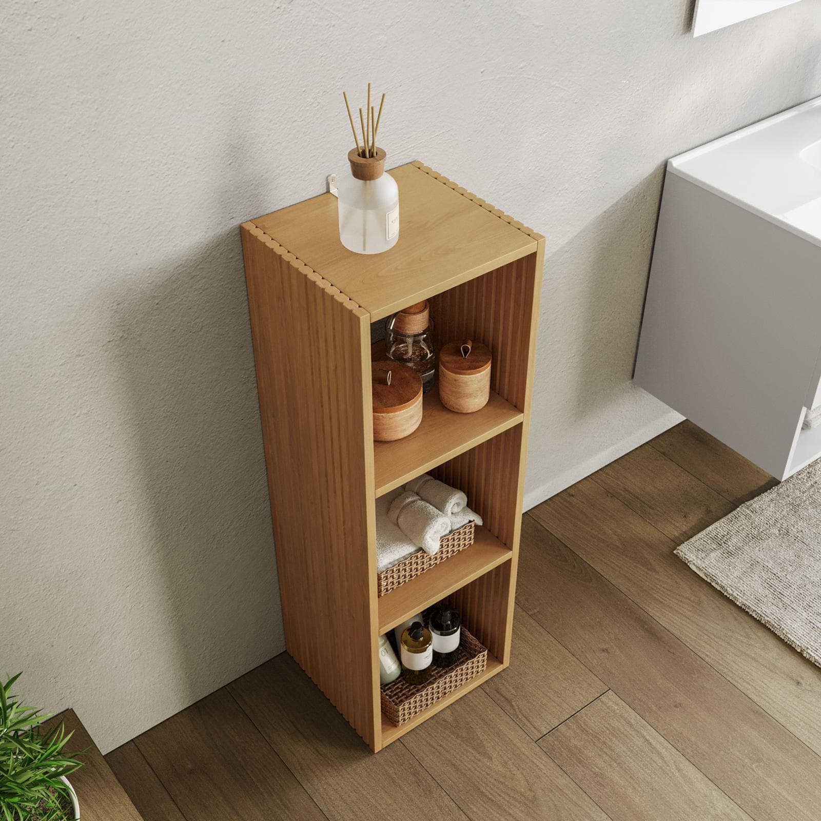 Colonna bagno 35x102h cm in legno naturale e cannettato con 3 vani - Kloser