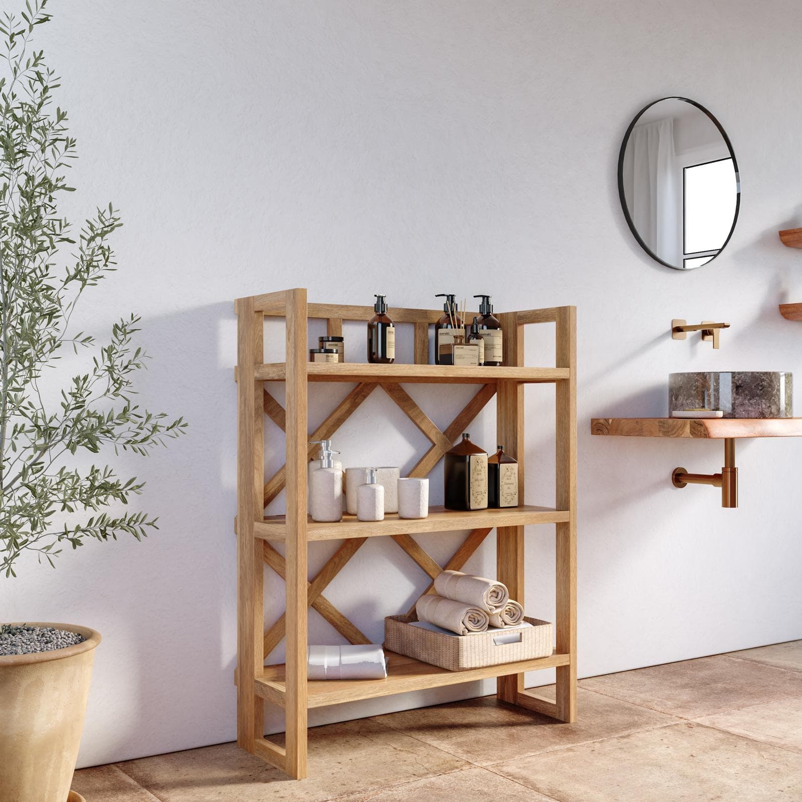 Colonna da bagno 90x175h cm con ripiani in legno di acacia - Cadark