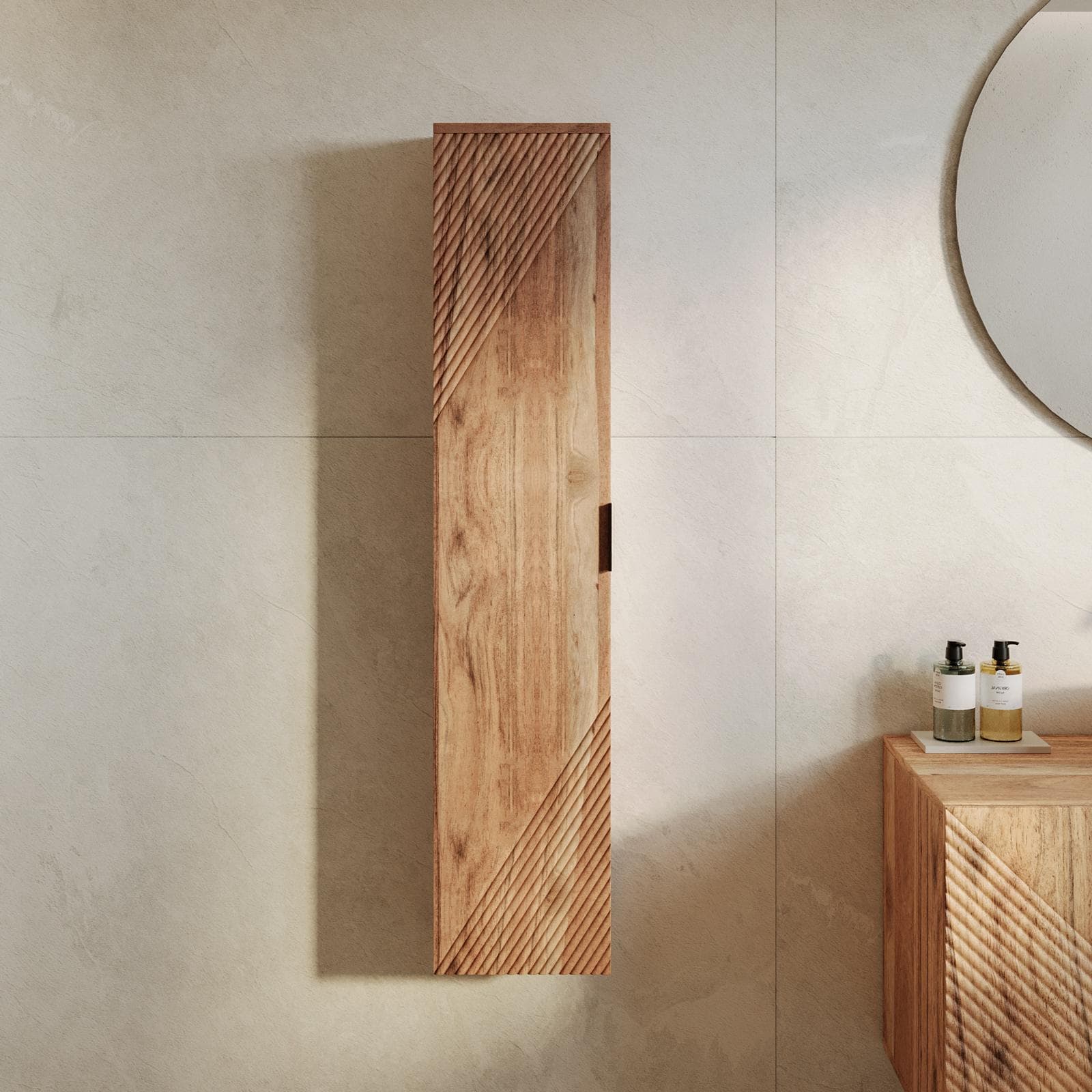 Colonna da bagno sospesa 120h cm in legno di acacia effetto cannettato - Maring