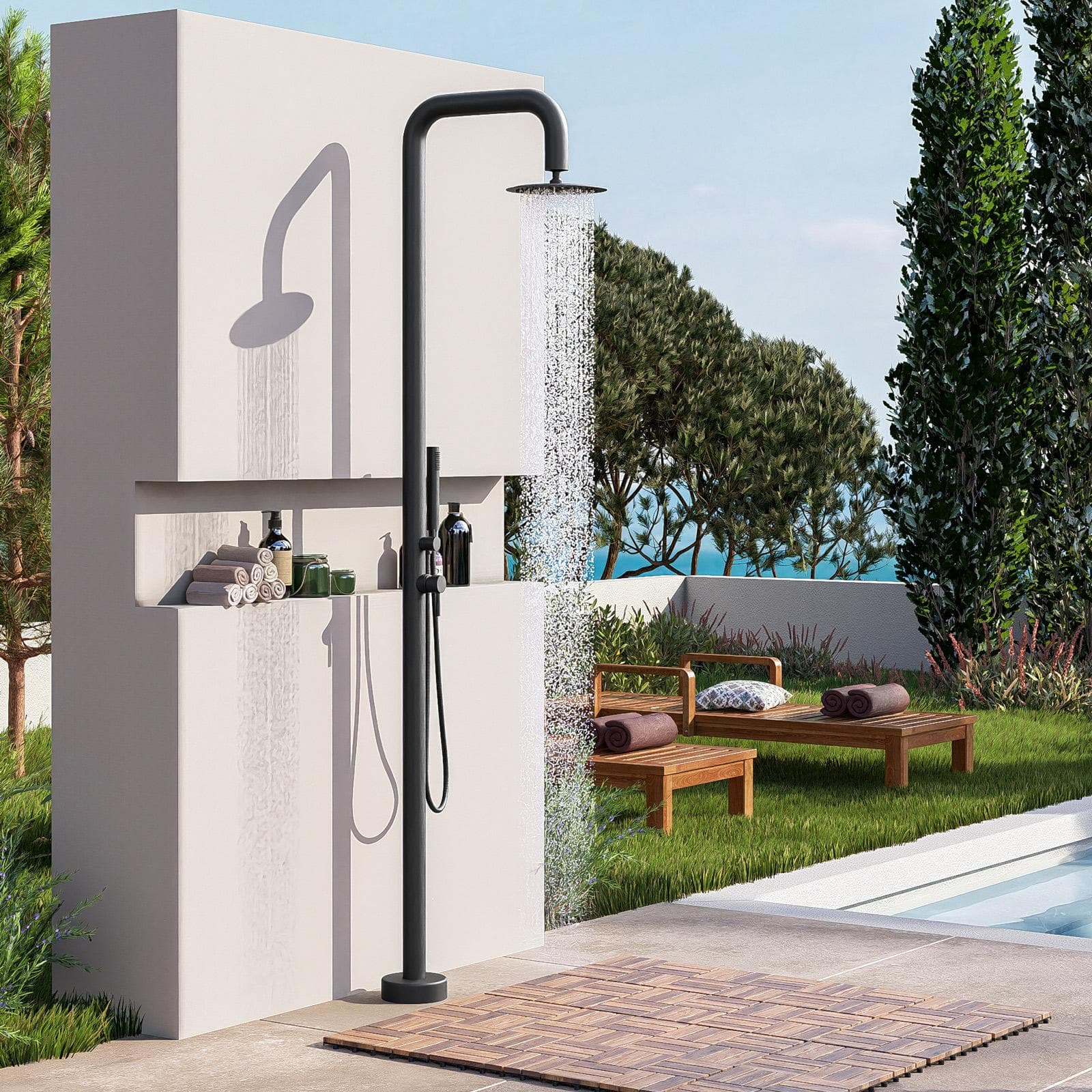 Colonna doccia da esterno 222h cm con soffione e doccino in acciaio inox 304 nero opaco - Kokorito