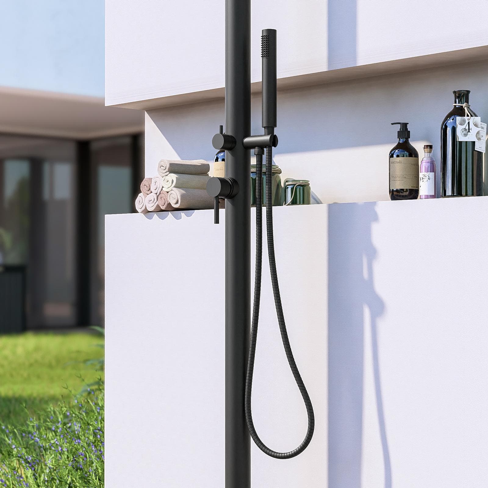 Colonna doccia da esterno 222h cm con soffione e doccino in acciaio inox 304 nero opaco - Kokorito