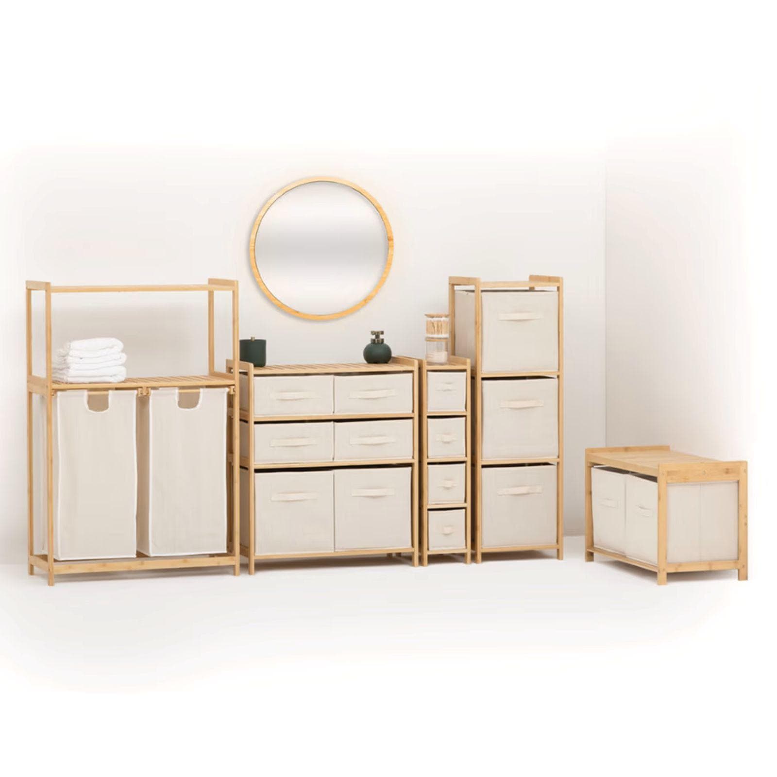 Colonna multiuso salvaspazio 19x78h cm in bambù naturale con 4 cassetti in tessuto bianco - Lascaux