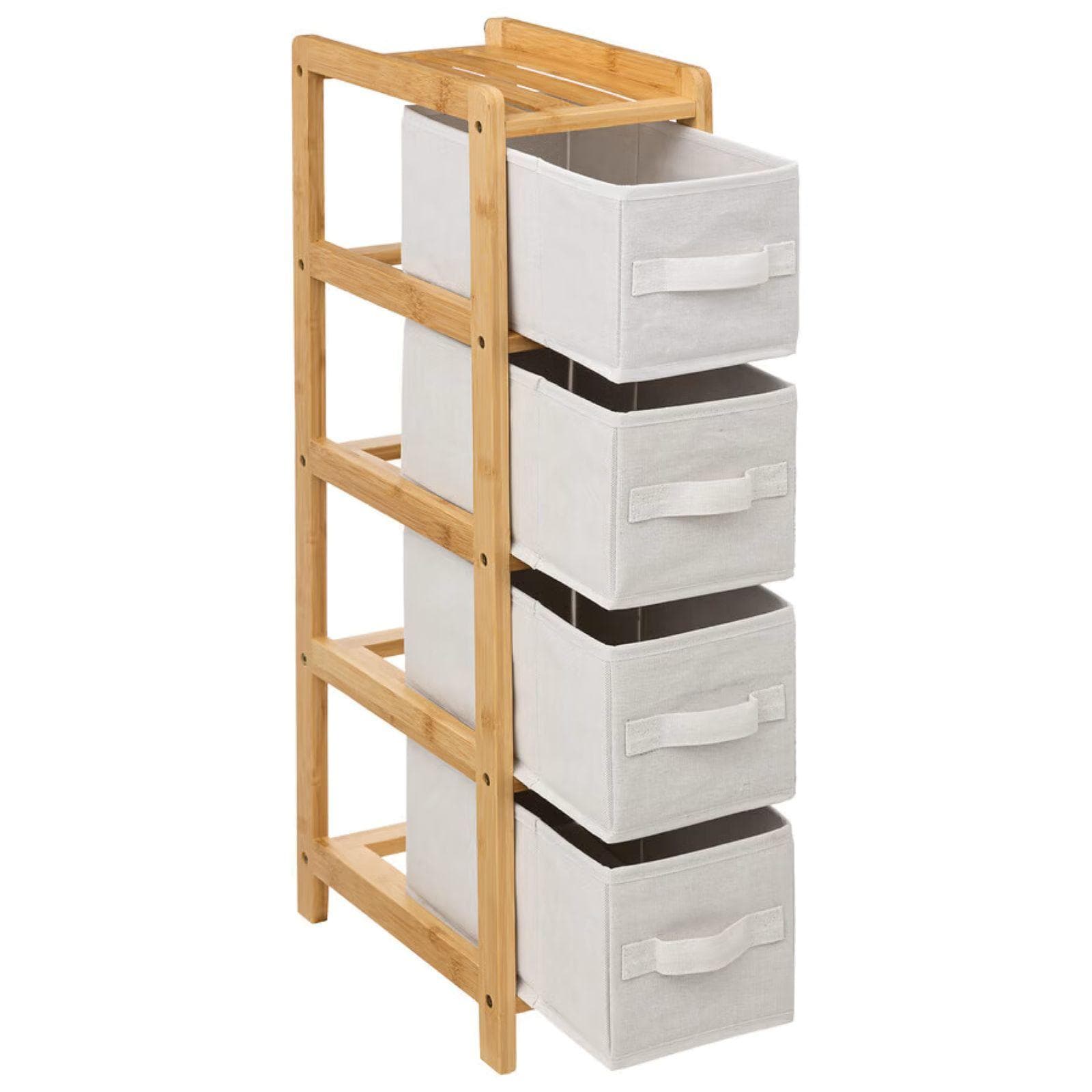 Colonna multiuso salvaspazio 19x78h cm in bambù naturale con 4 cassetti in tessuto bianco - Lascaux