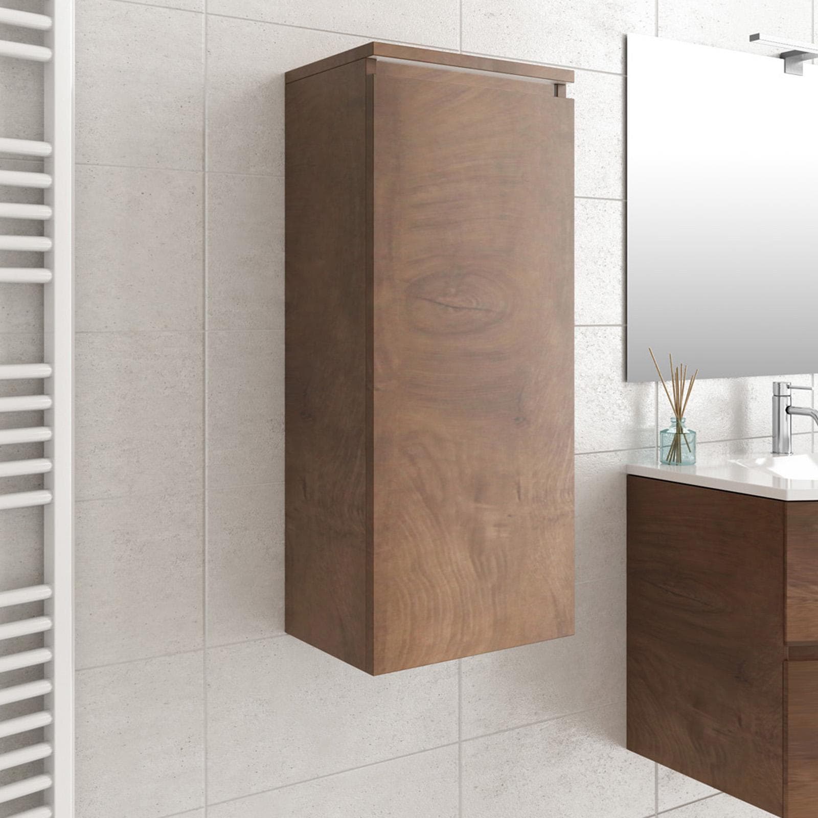 Colonna sospesa bagno 35x90 h cm Kindal reversibile con 3 ripiani in legno di noce