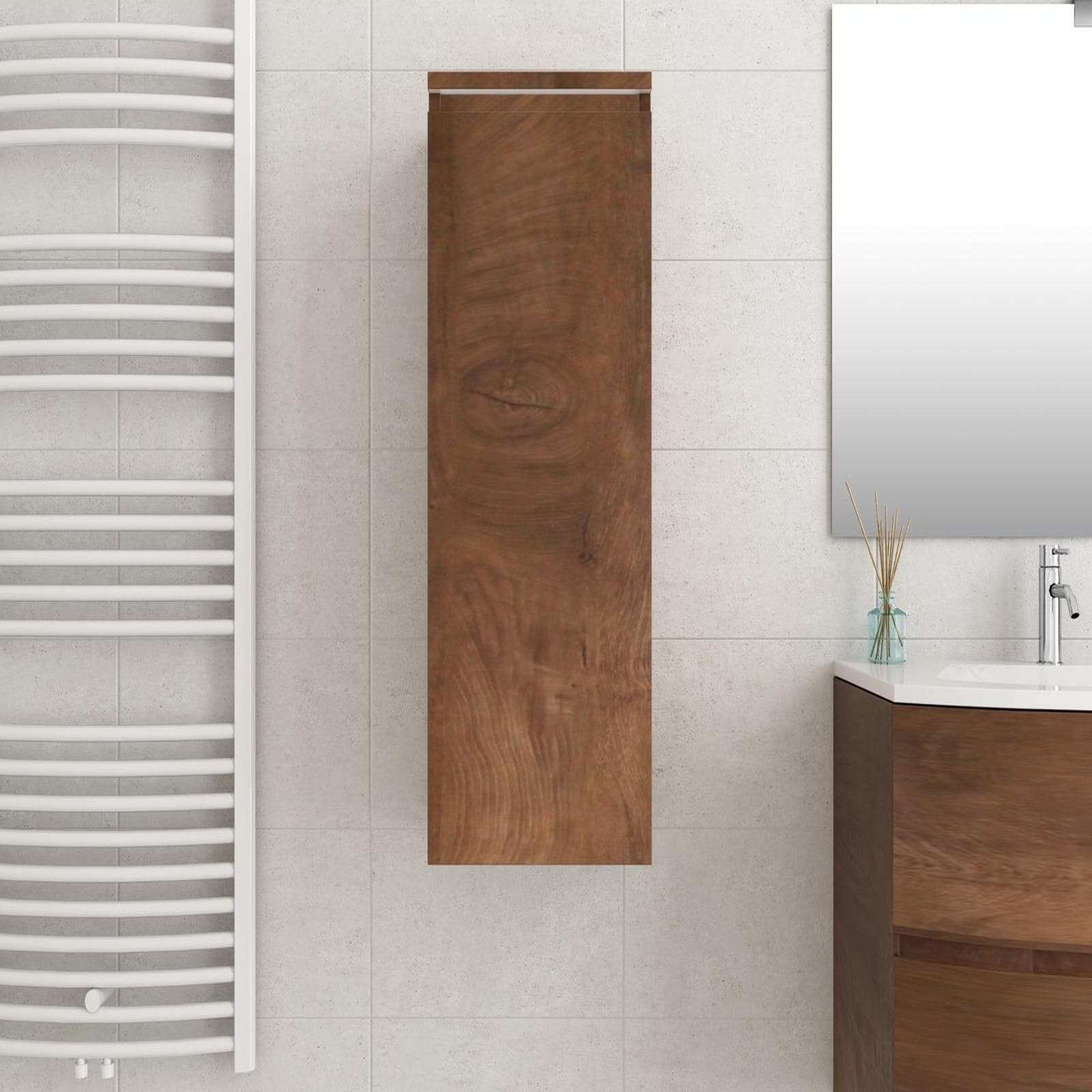 Colonna sospesa bagno 35x90 h cm Kindal reversibile con 3 ripiani in legno di noce