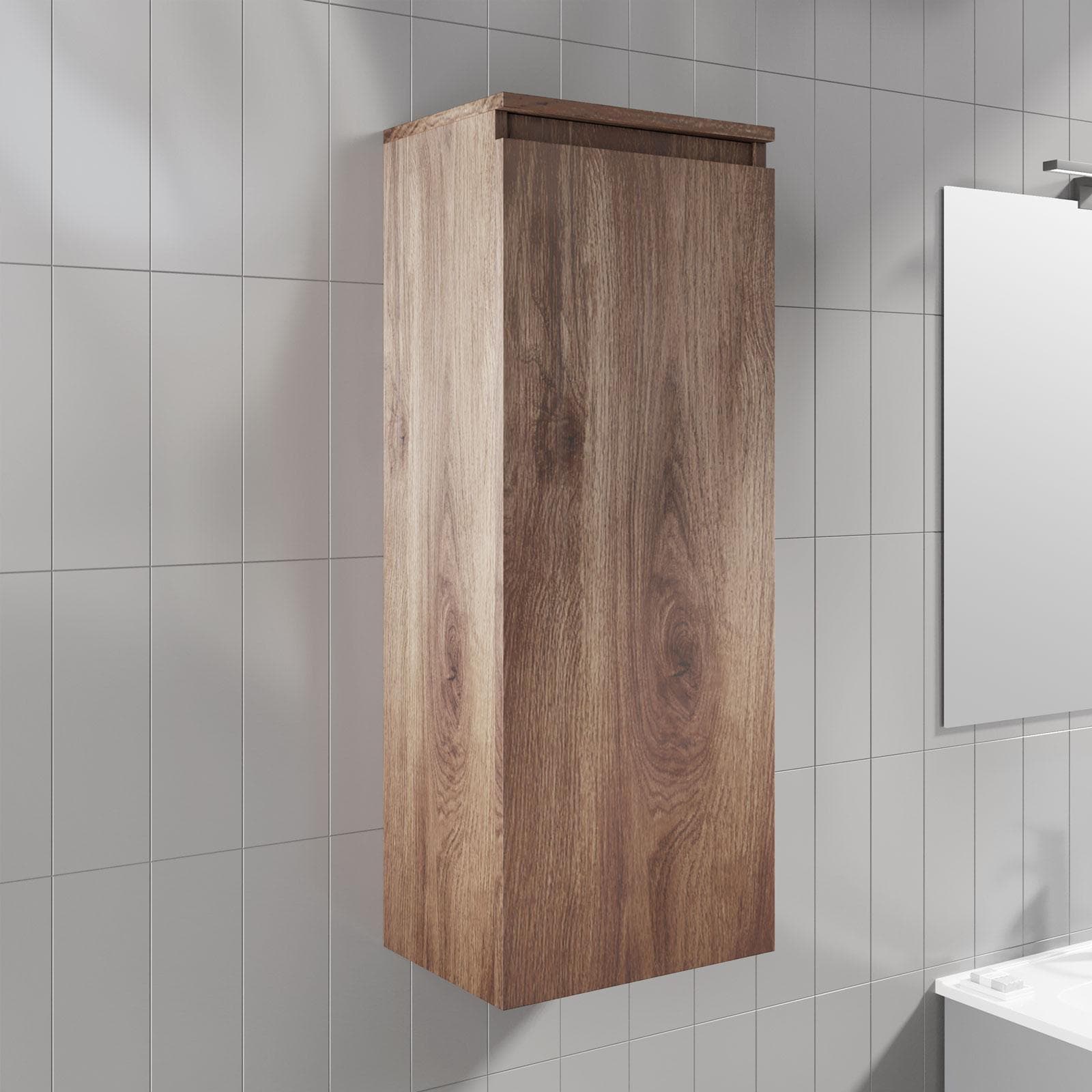 Colonna sospesa bagno 35x90 h cm Kindal reversibile con 3 ripiani in legno di noce