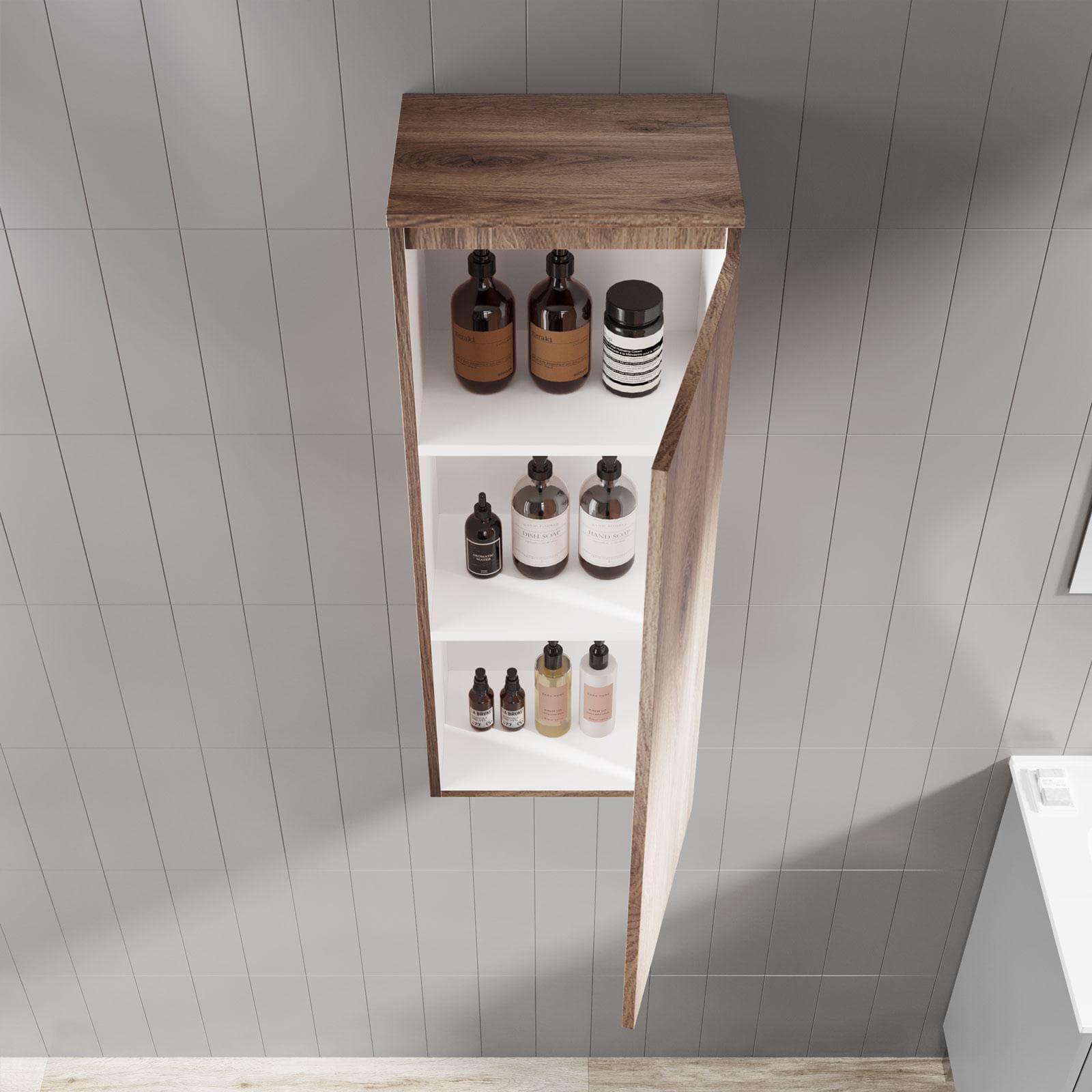Colonna sospesa bagno 35x90 h cm Kindal reversibile con 3 ripiani in legno di noce