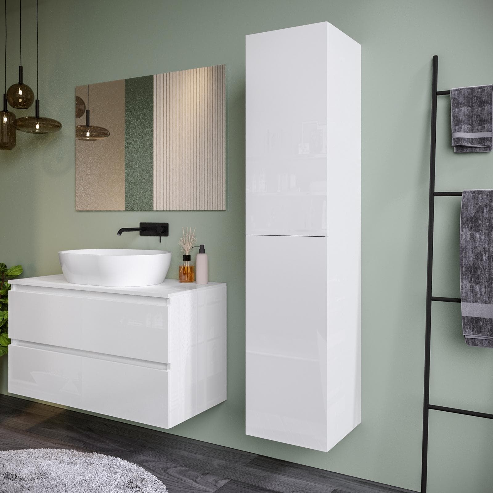 Colonna sospesa bianco lucido 35x35x160h cm con 5 ripiani e 2 ante reversibili - Union