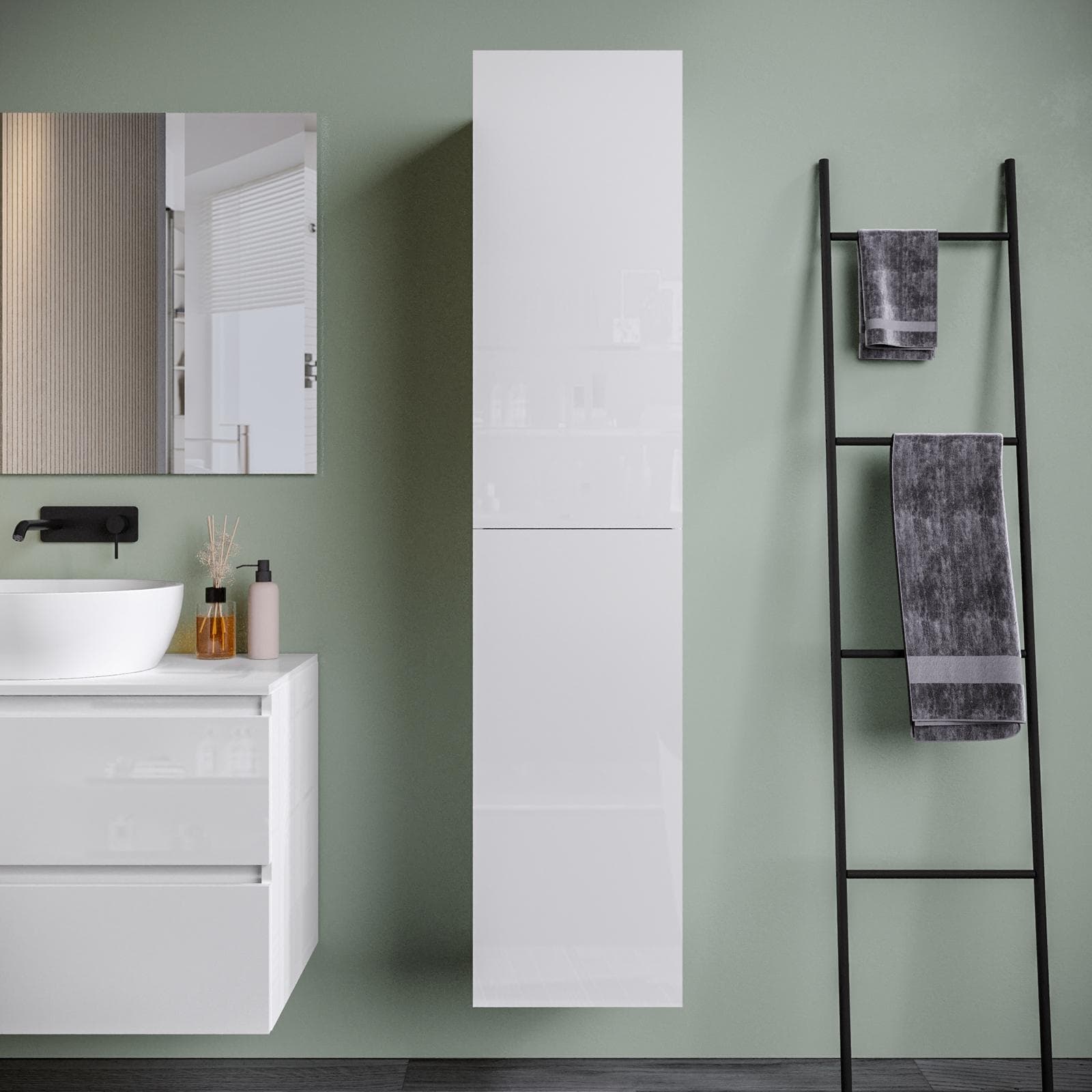 Colonna sospesa bianco lucido 35x35x160h cm con 5 ripiani e 2 ante reversibili - Union