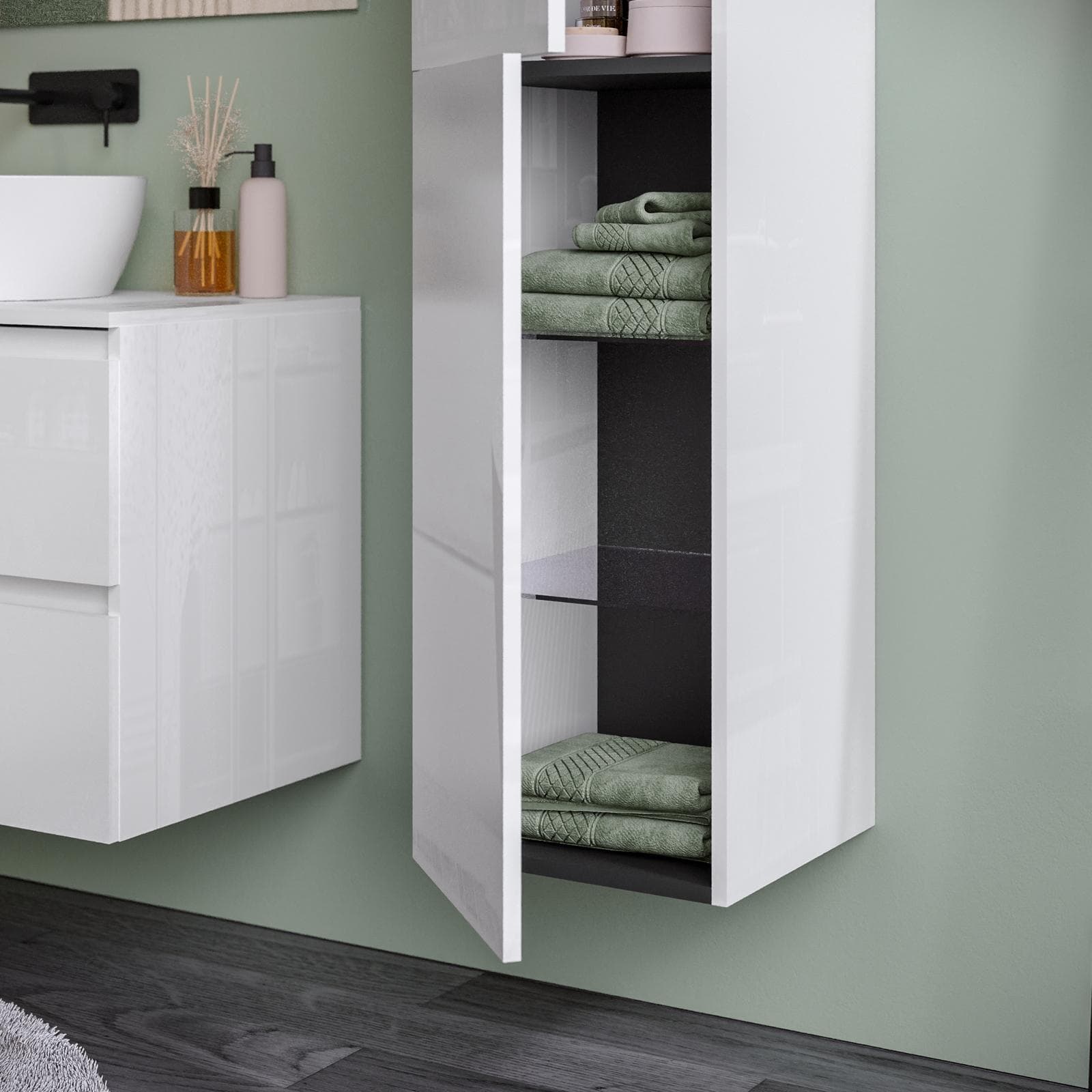 Colonna sospesa bianco lucido 35x35x160h cm con 5 ripiani e 2 ante reversibili - Union