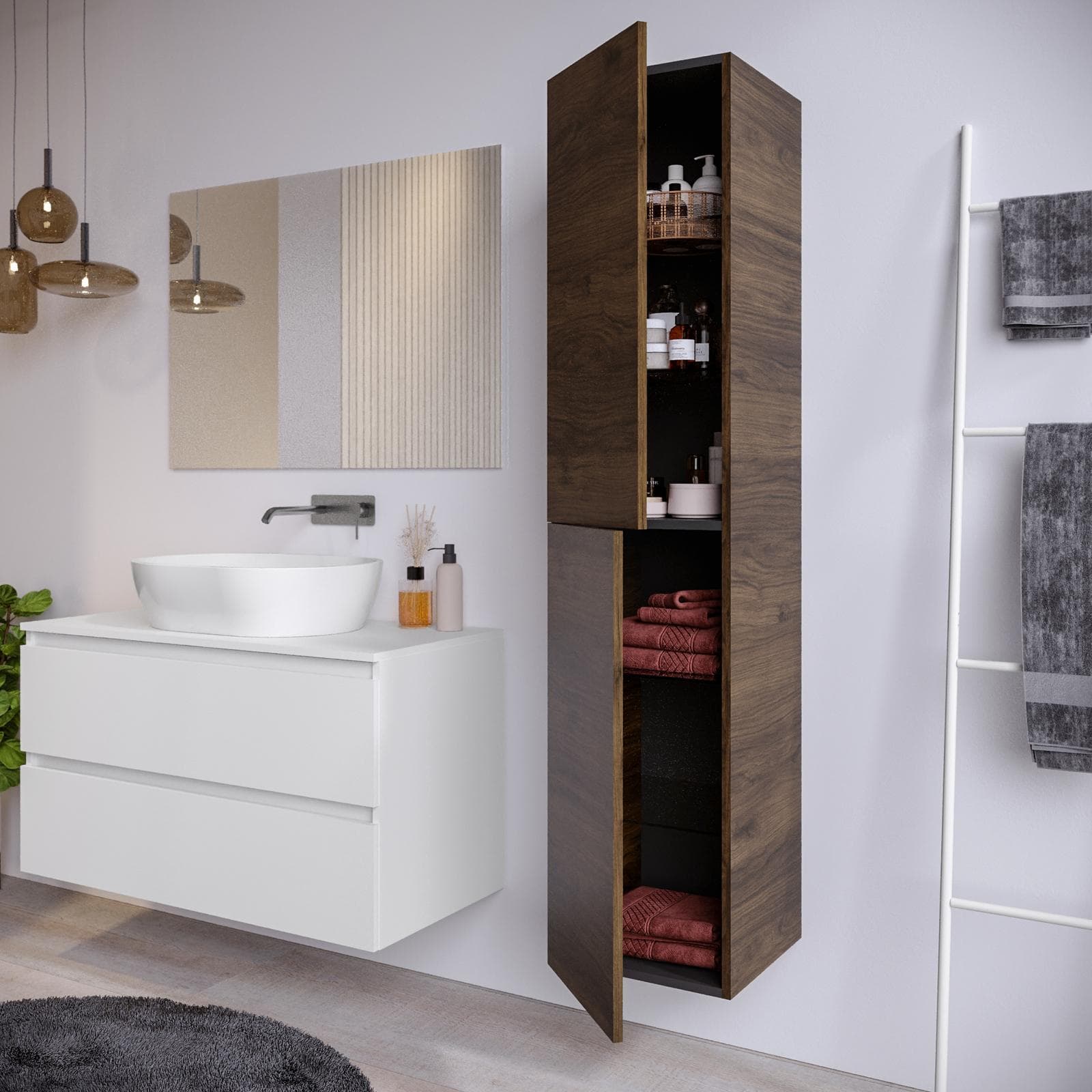 Colonna sospesa noce maya 35x35x160h cm con 5 ripiani e 2 ante reversibili - Union