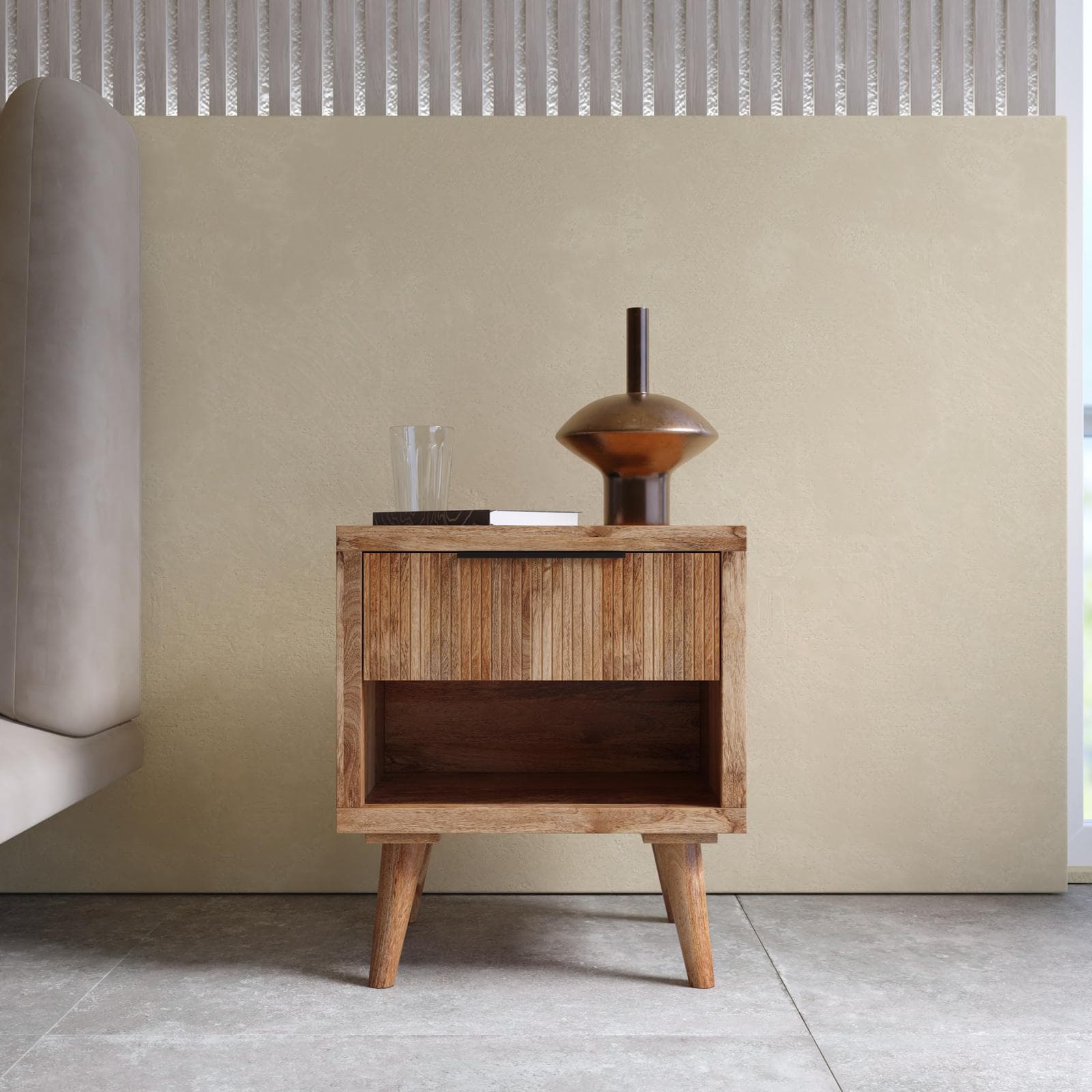 Comodino 44x50h cm legno di acacia cannettato con 1 cassetto - Gunadi