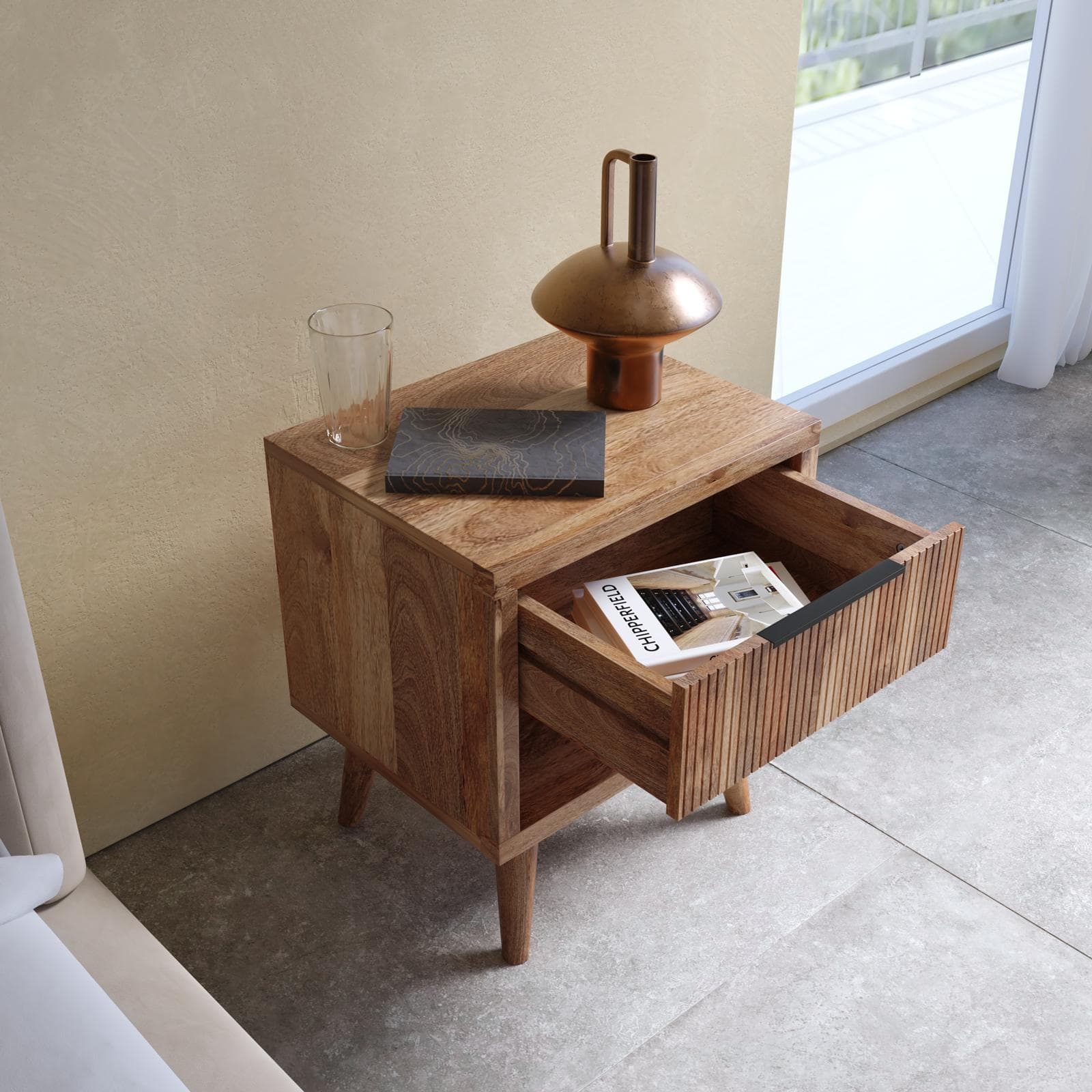 Comodino 44x50h cm legno di acacia cannettato con 1 cassetto - Gunadi