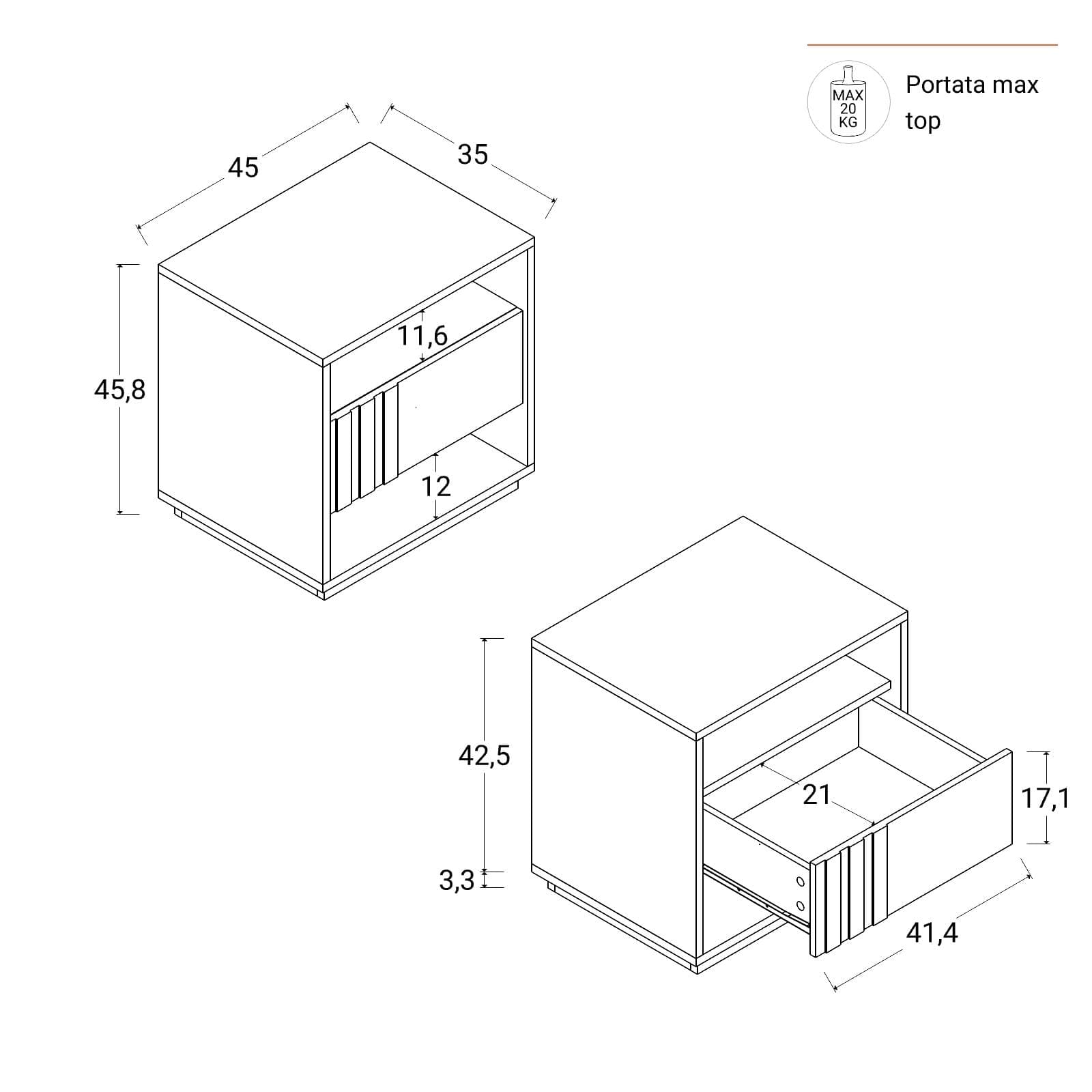 Comodino 45x46h cm tortora e rovere millennium cannettato con 1 cassetto - Shane