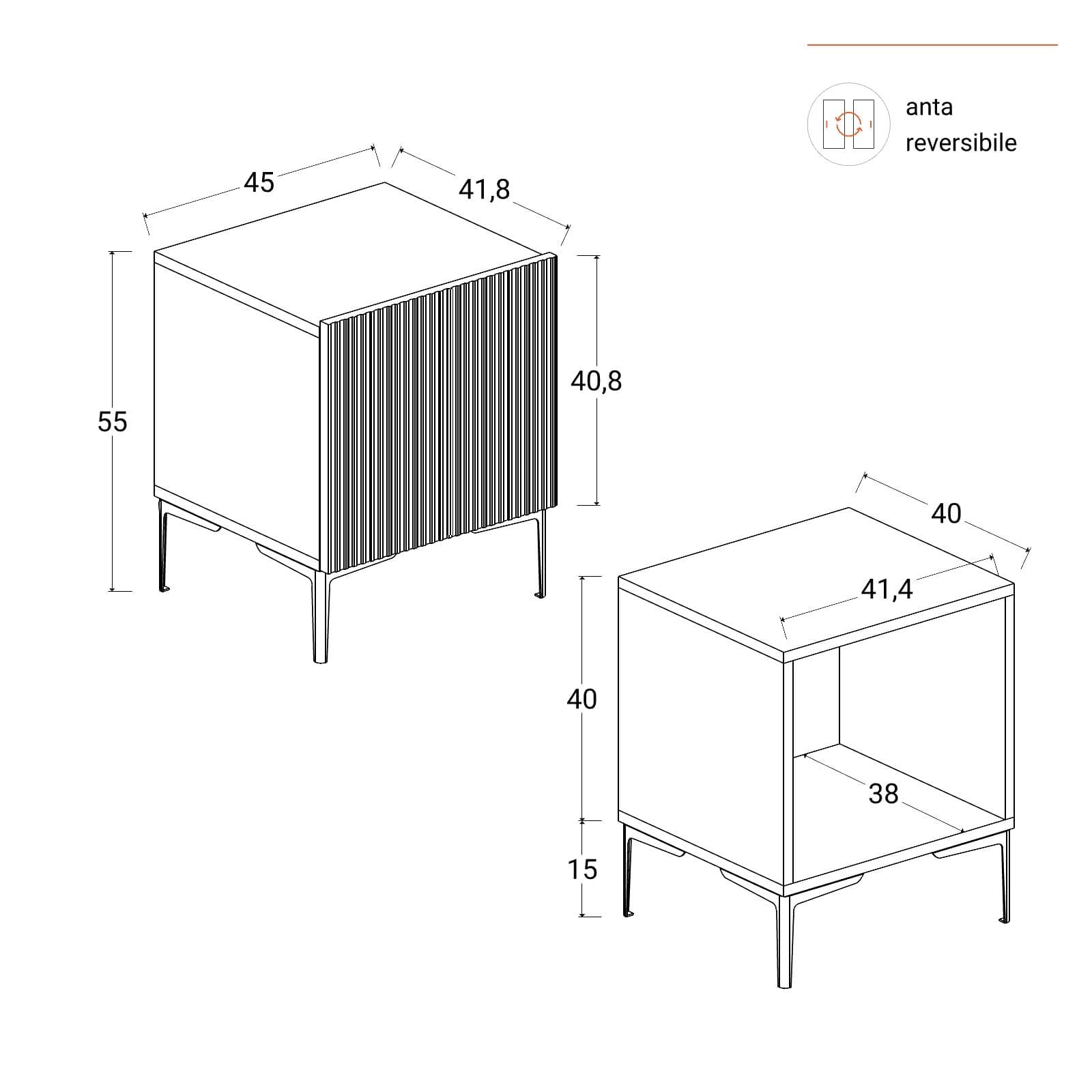 Comodino 45x55h cm bianco con anta cannettata reversibile e piedi in metallo nero - Judith