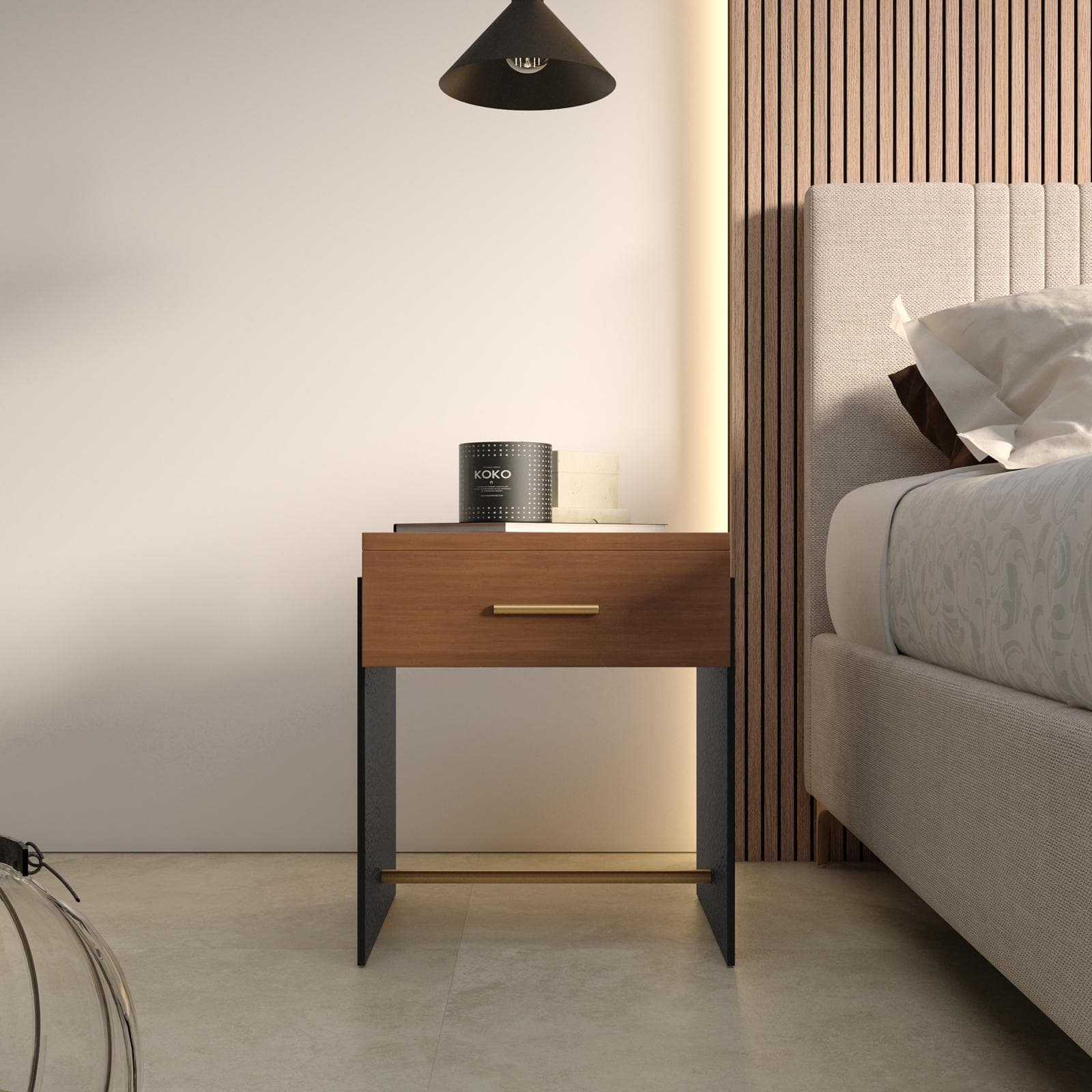 Comodino 48x65h cm in legno noce benson e metallo nero con 1 cassetto - Colys