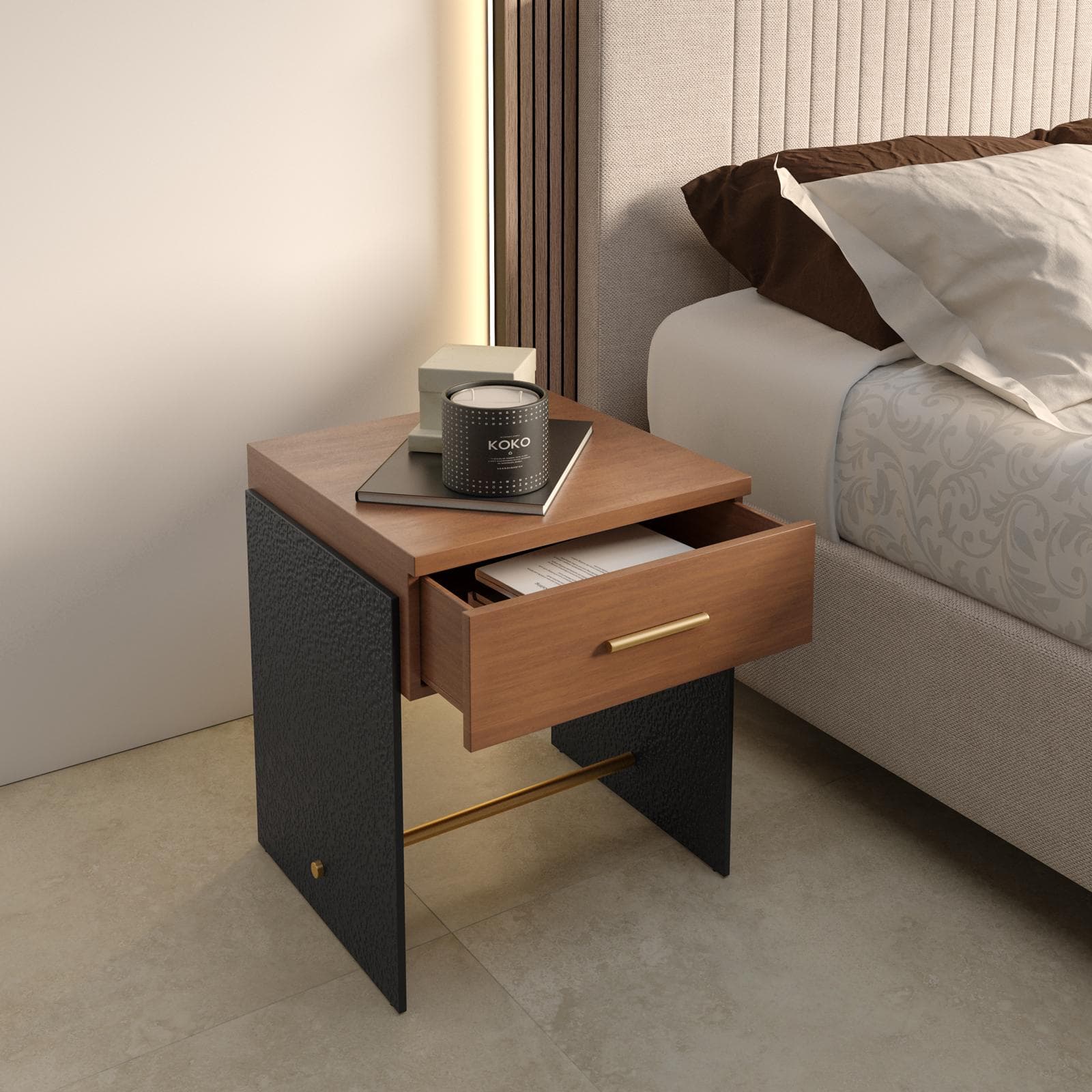 Comodino 48x65h cm in legno noce benson e metallo nero con 1 cassetto - Colys