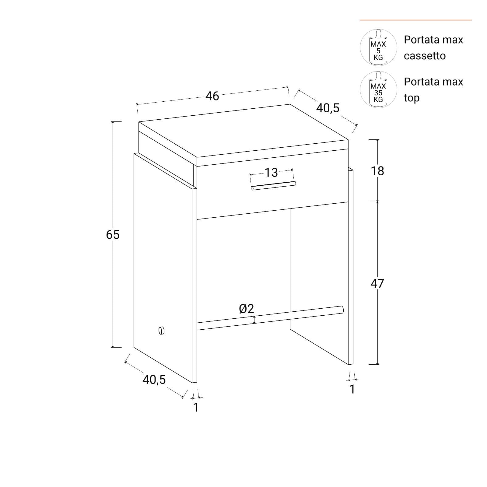 Comodino 48x65h cm in legno noce benson e metallo nero con 1 cassetto - Colys