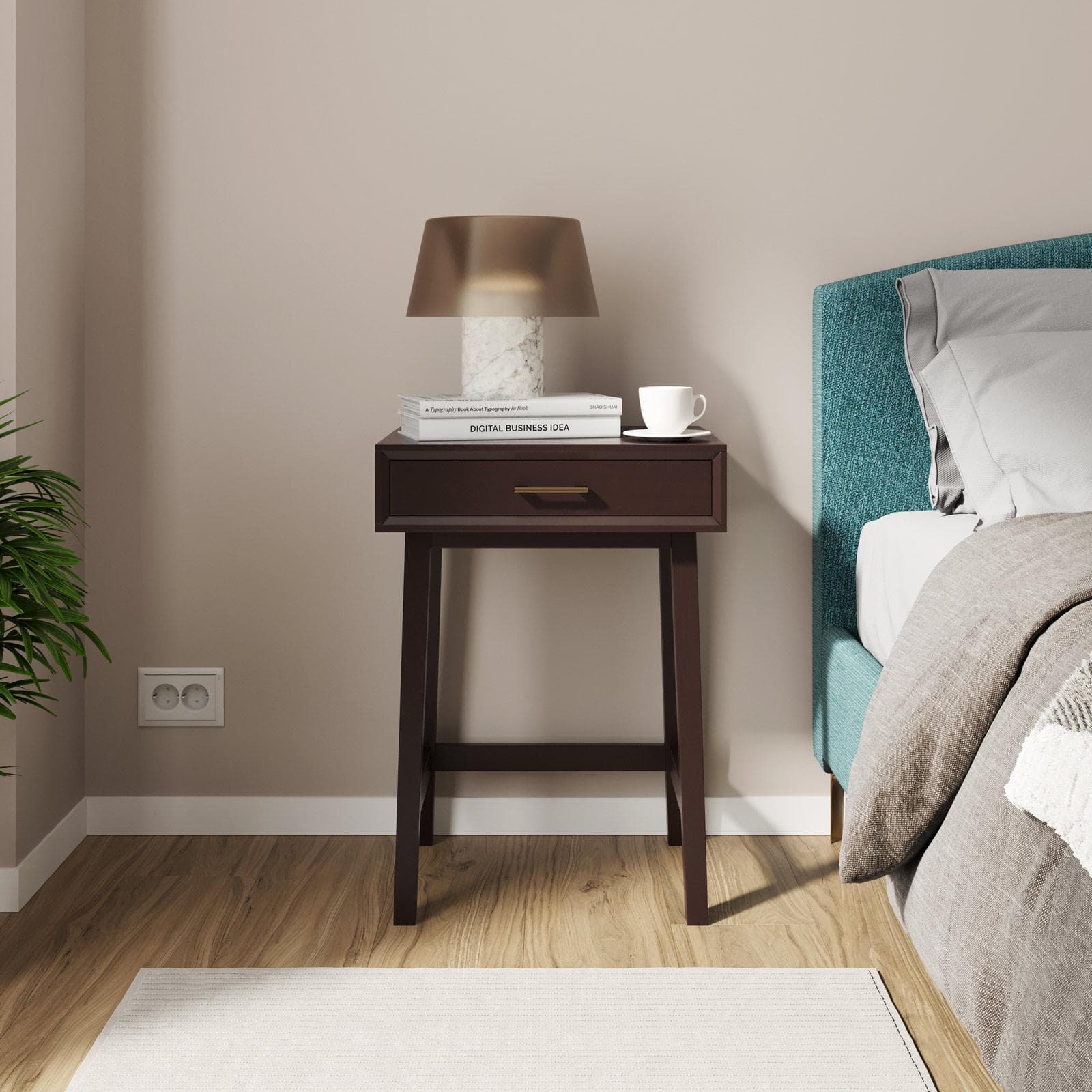 Comodino 48x66h cm in legno color castagno con 1 cassetto e maniglia dorata - Lilim