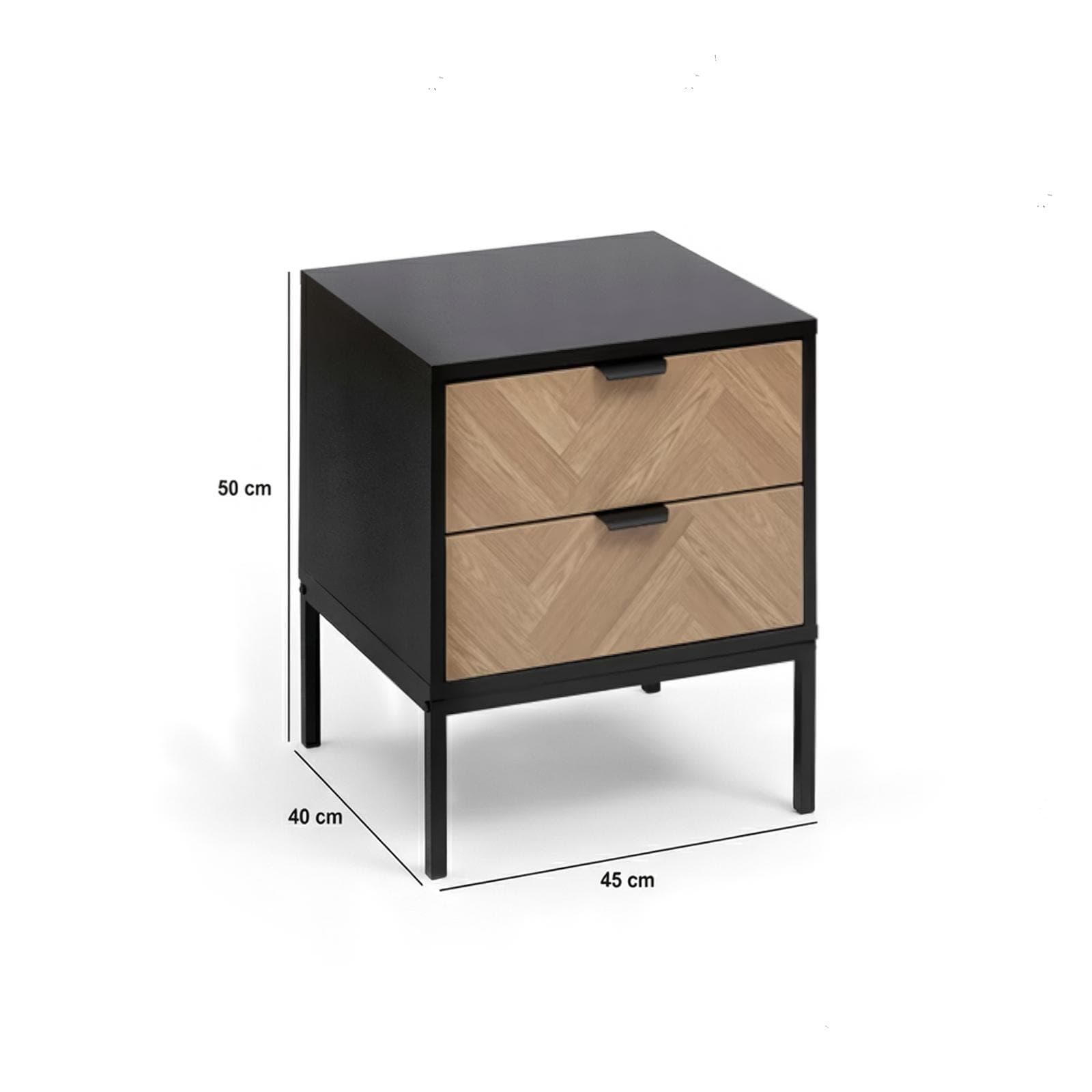 Comodino 50x40 cm in acciaio nero con 2 cassetti in legno effetto parquet - Blacky