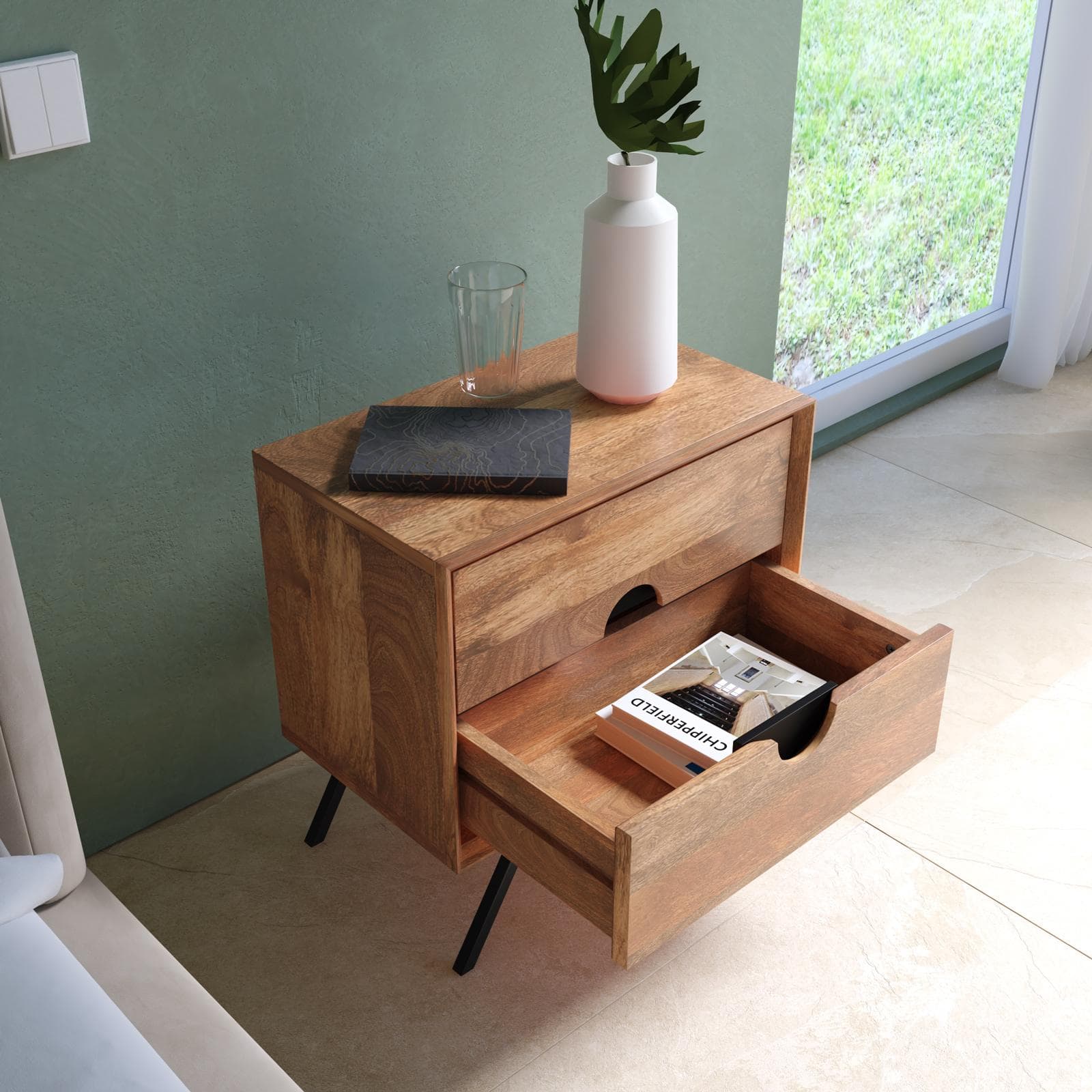 Comodino 50x50h cm in legno di acacia con 2 cassetti e piedi nero - Mareta