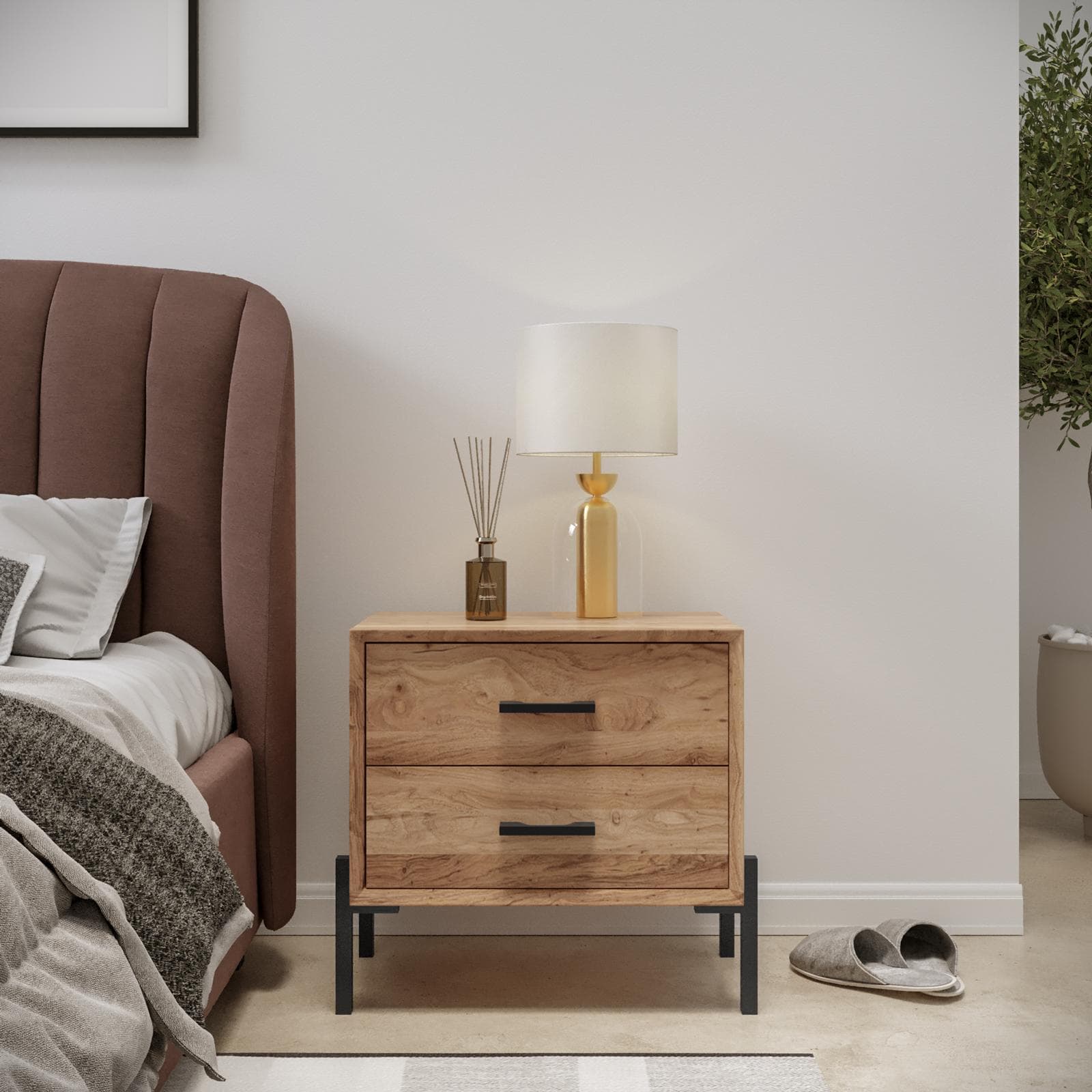Comodino 50x50h cm legno di acacia con 2 cassetti - Basuki