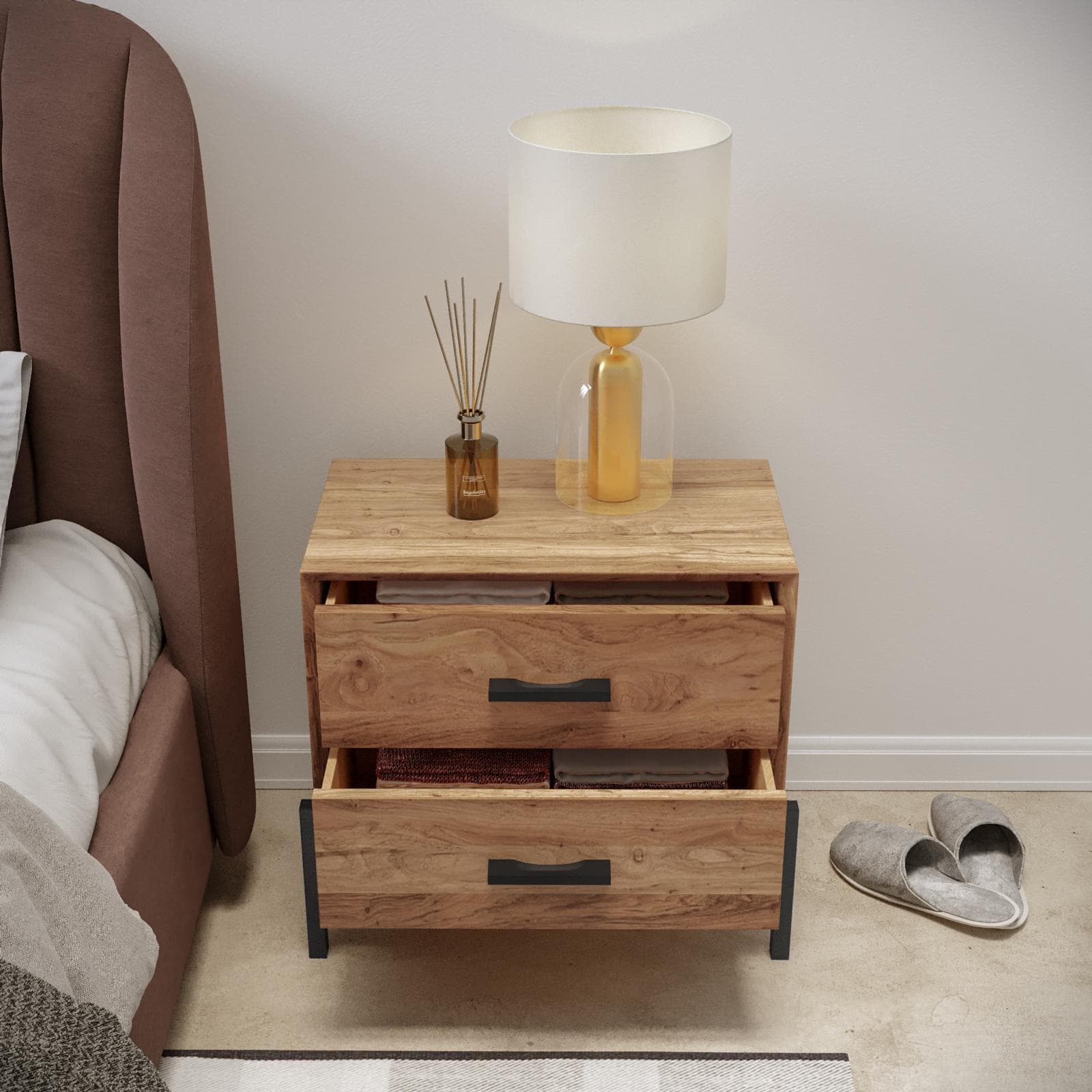 Comodino 50x50h cm legno di acacia con 2 cassetti - Basuki