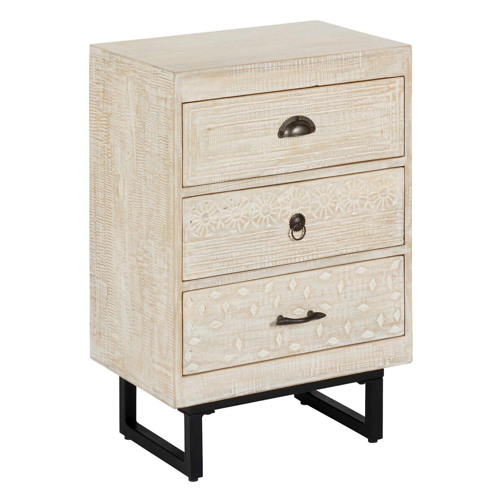 Comodino 50x74h cm in legno di mango bianco con 3 cassetti intagliati a mano - Osaka