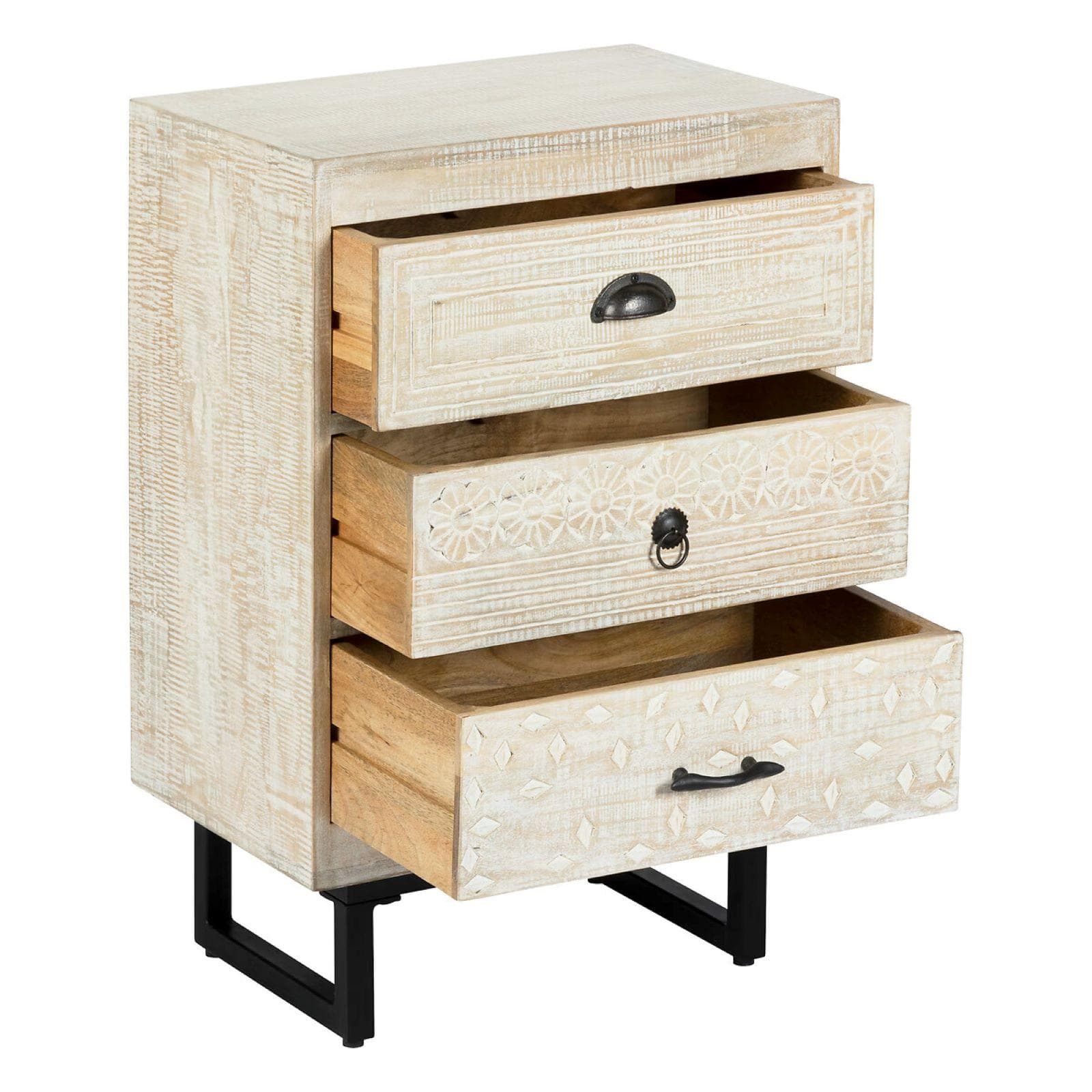 Comodino 50x74h cm in legno di mango bianco con 3 cassetti intagliati a mano - Osaka