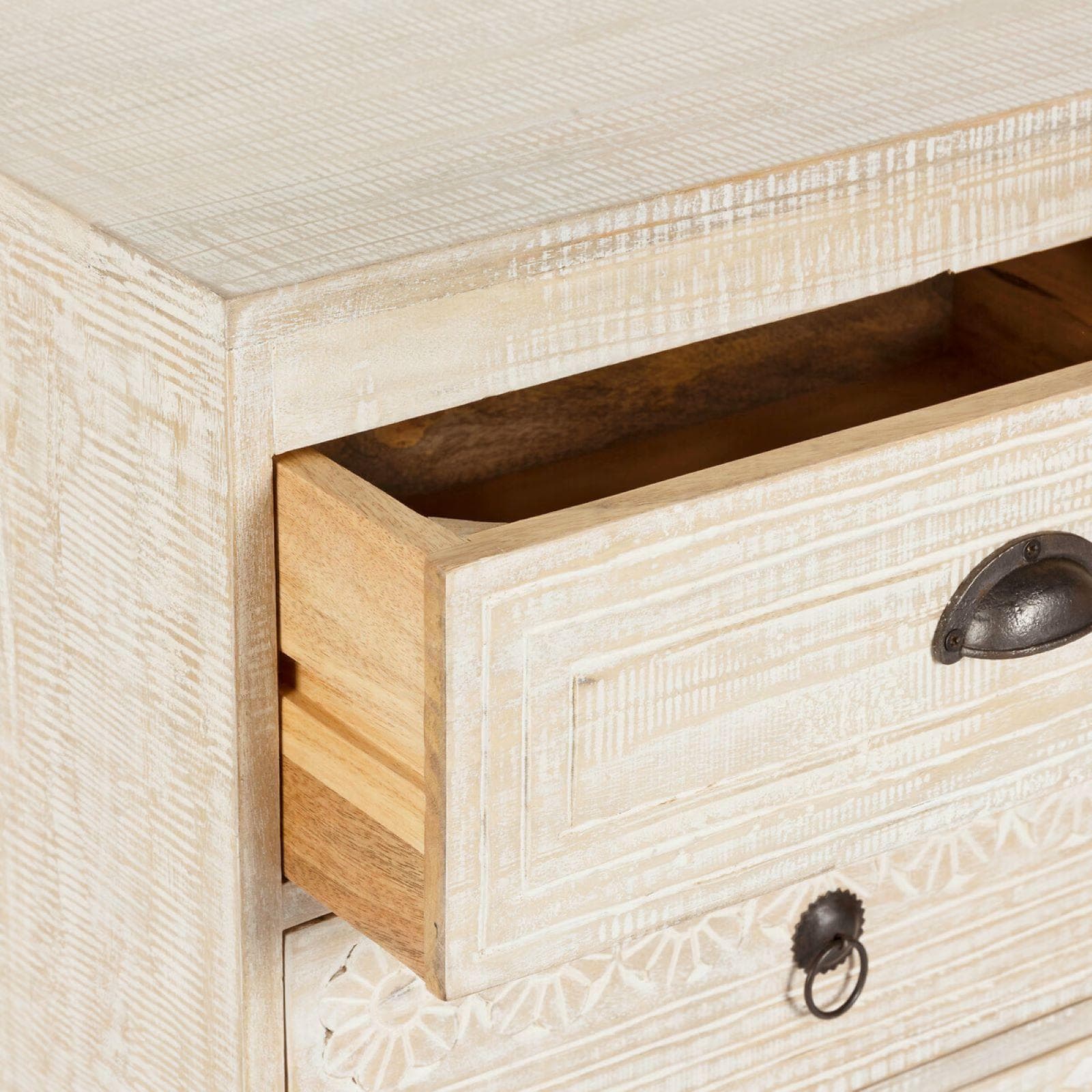 Comodino 50x74h cm in legno di mango bianco con 3 cassetti intagliati a mano - Osaka