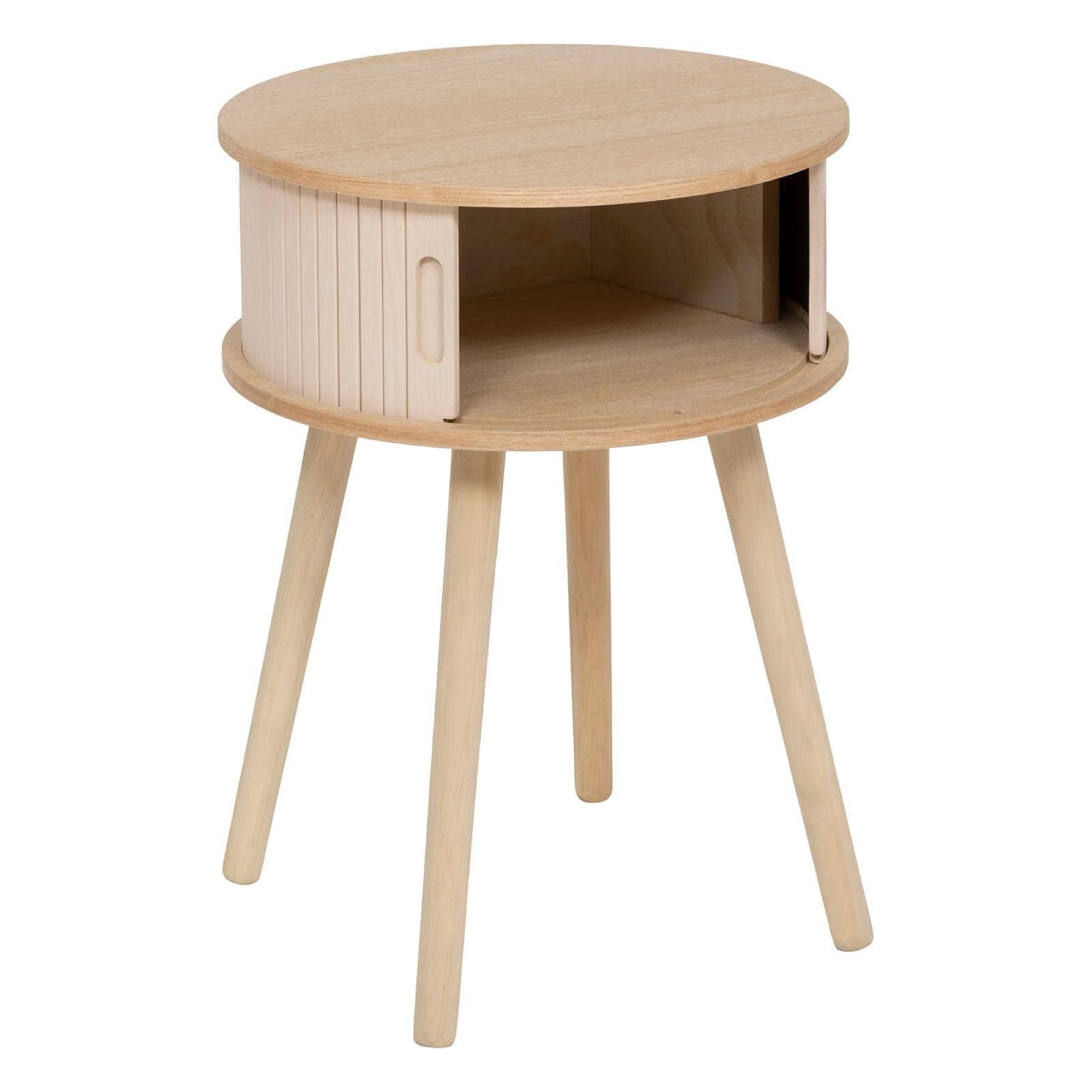 Comodino rotondo 40 cm in legno naturale con 2 ante scorrevoli cannettate - Petras