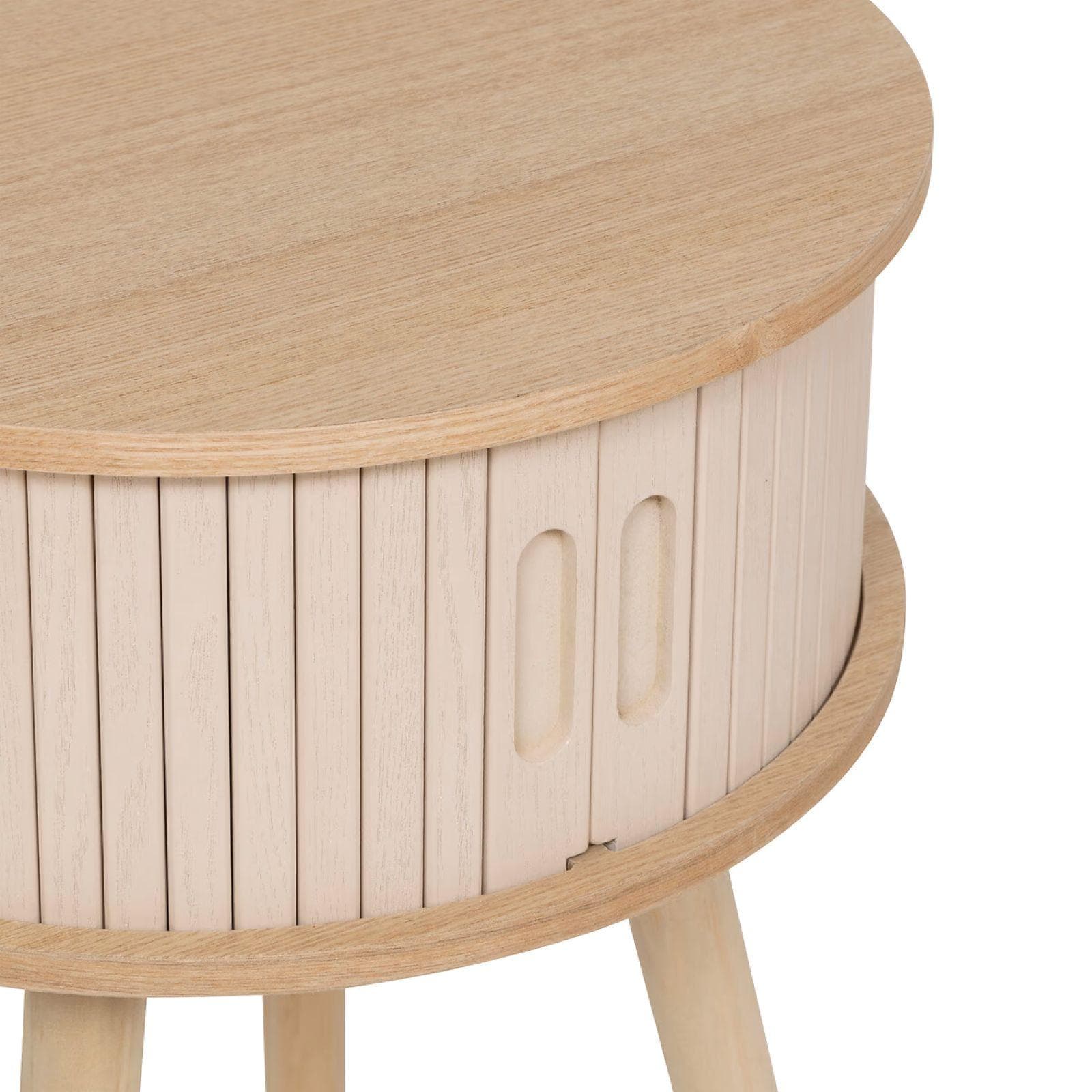 Comodino rotondo 40 cm in legno naturale con 2 ante scorrevoli cannettate - Petras